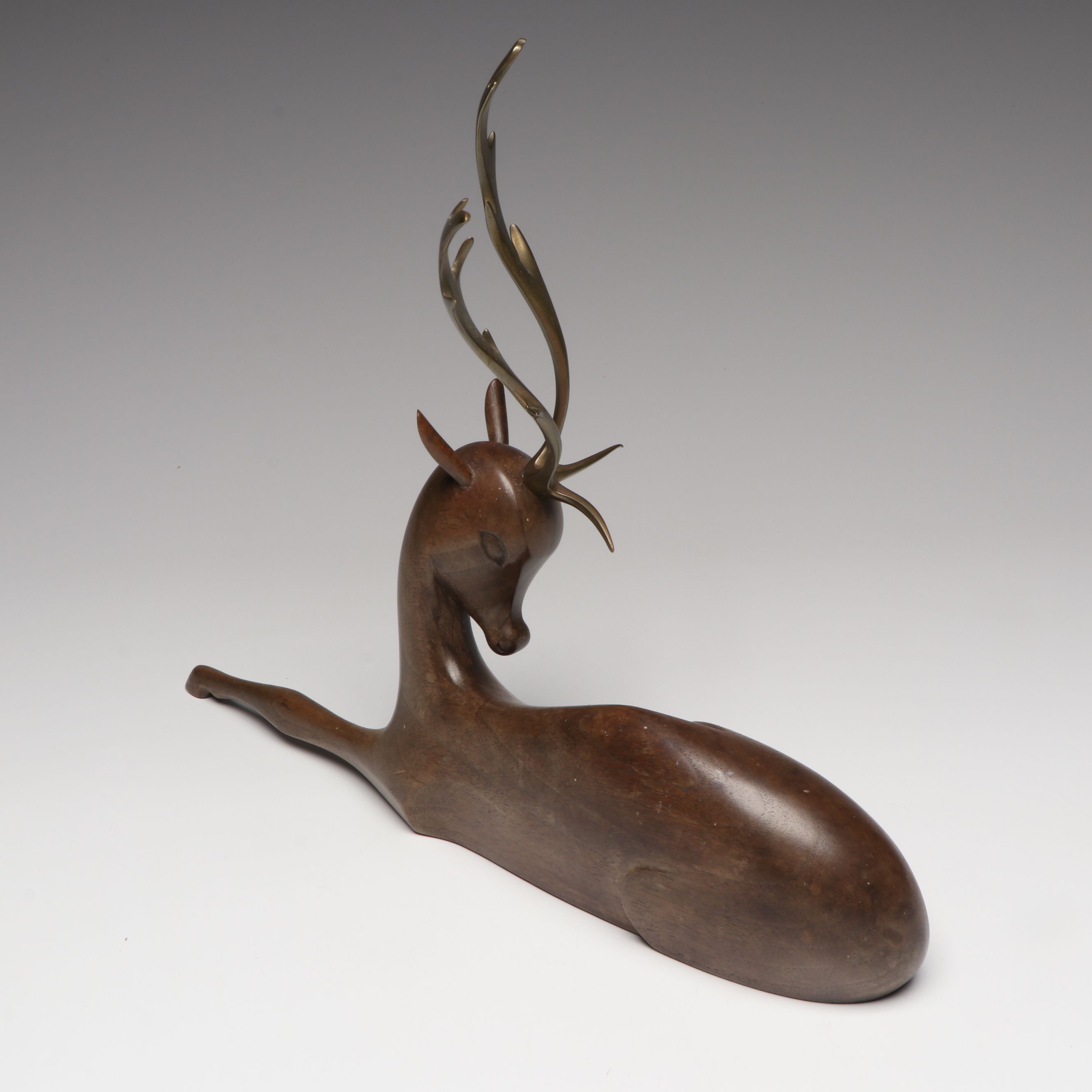 Art Deco Carved Wood and Brass Fallow Deer, Manner of Werkstätte Hagenauer