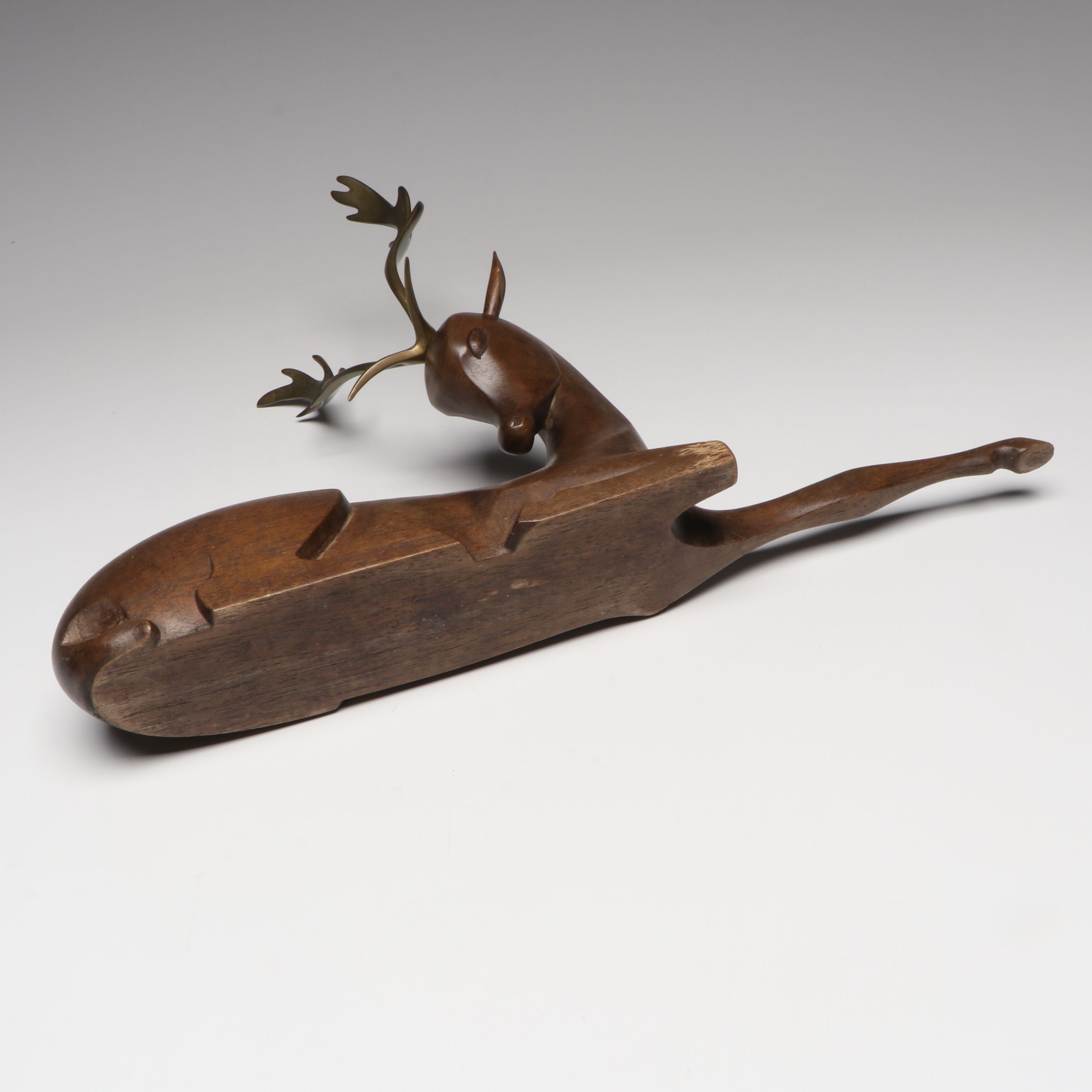 Art Deco Carved Wood and Brass Fallow Deer, Manner of Werkstätte Hagenauer