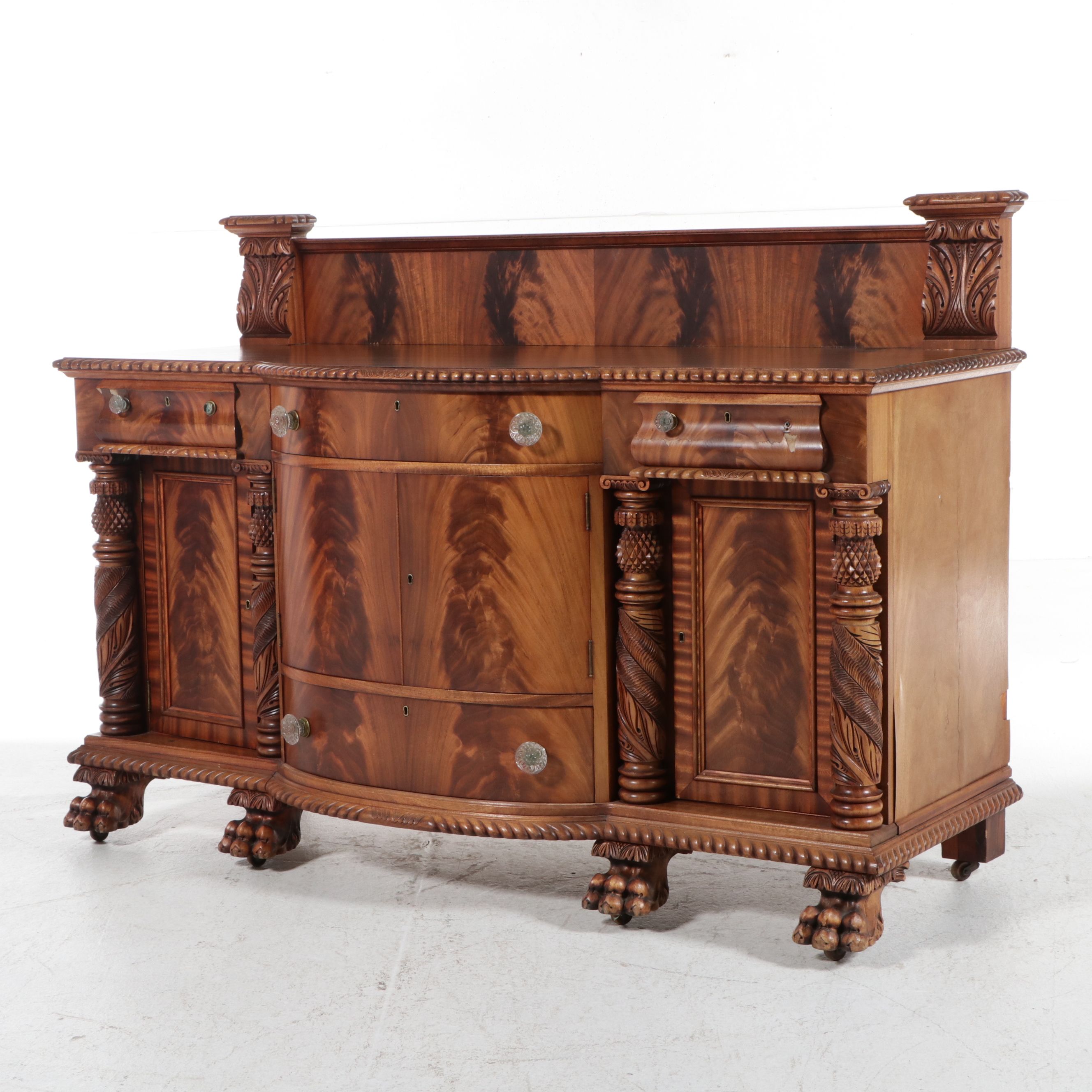 American Empire Carved Pineapple and Lions Paw Flame Mahogany Sideboard