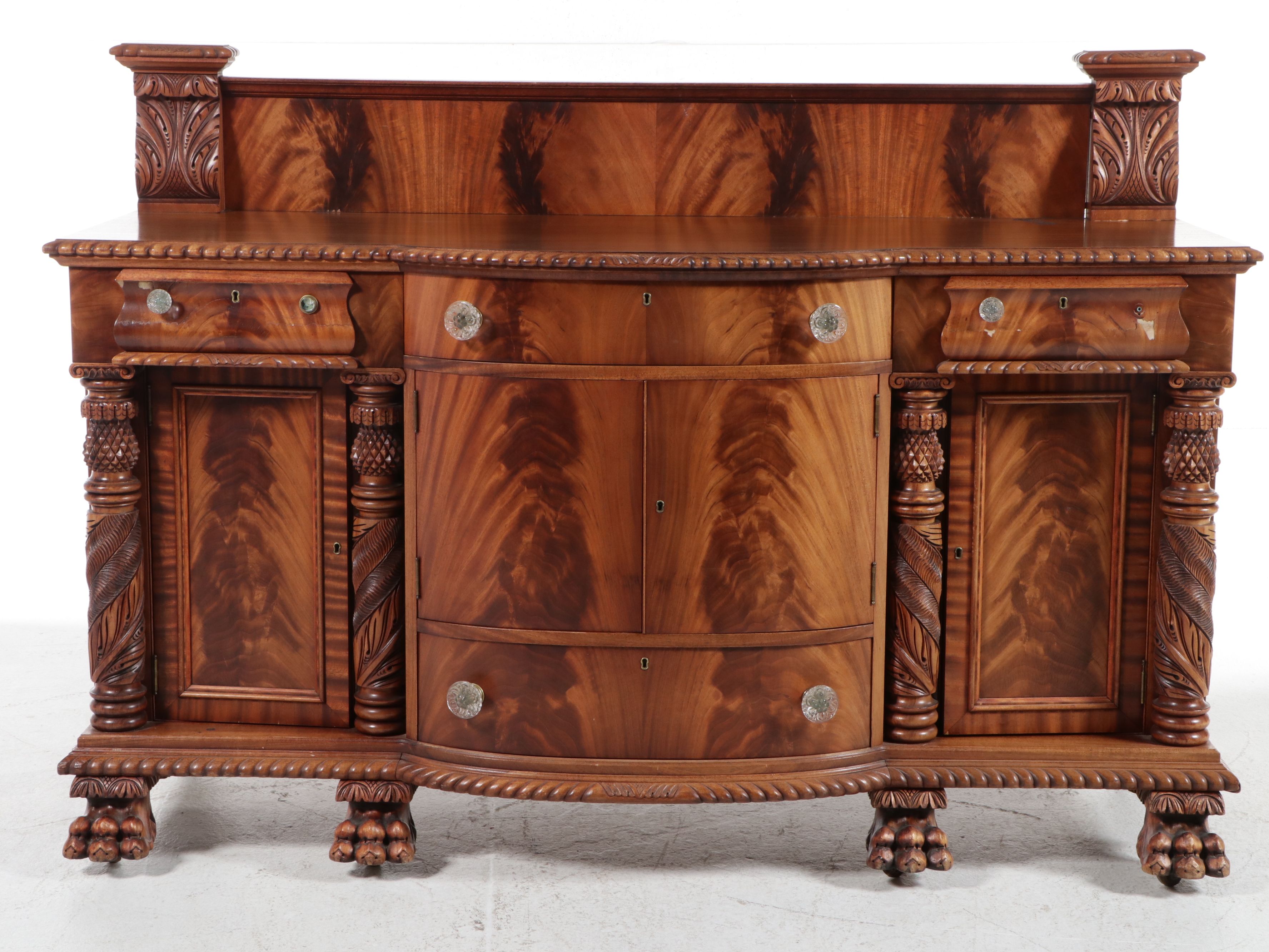 American Empire Carved Pineapple and Lions Paw Flame Mahogany Sideboard