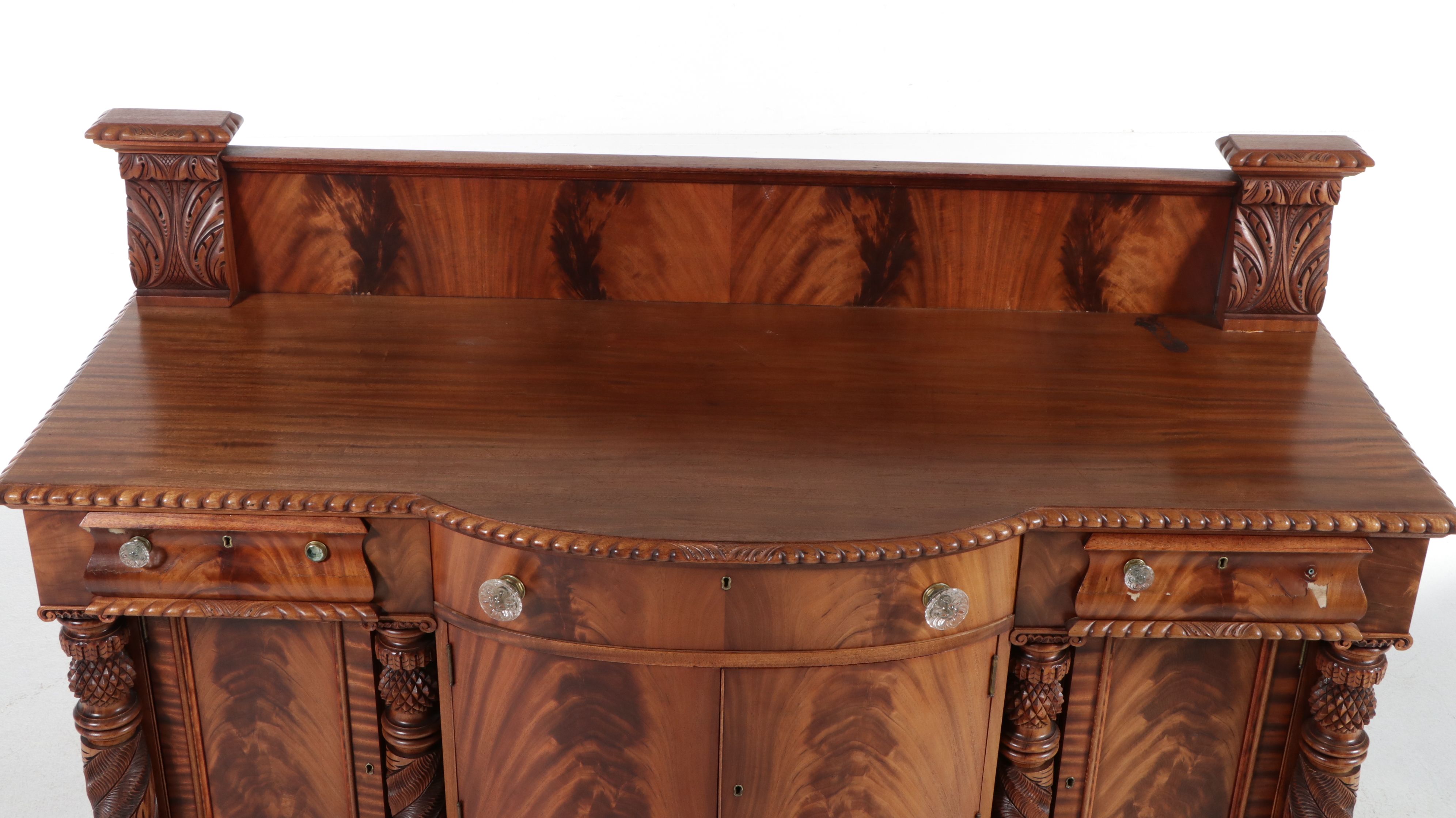 American Empire Carved Pineapple and Lions Paw Flame Mahogany Sideboard