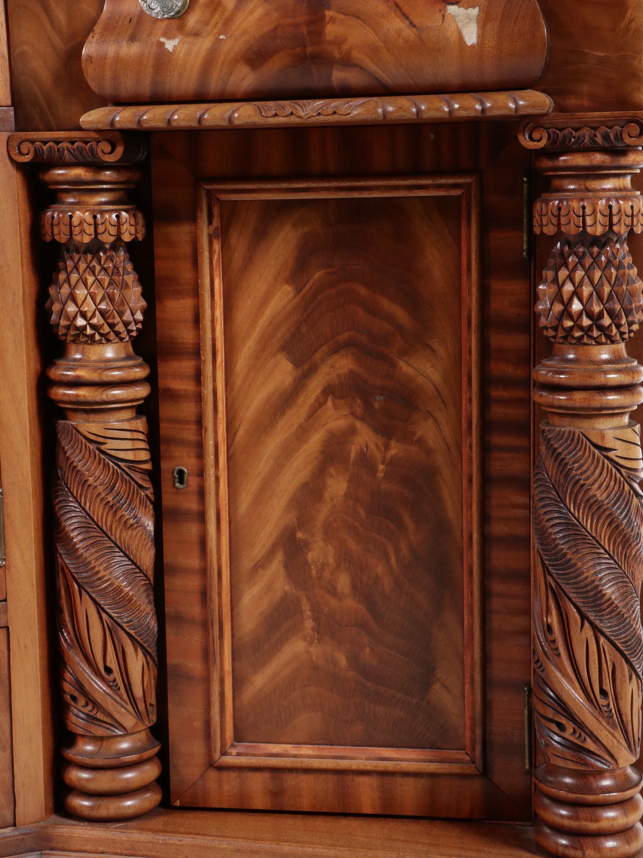 American Empire Carved Pineapple and Lions Paw Flame Mahogany Sideboard