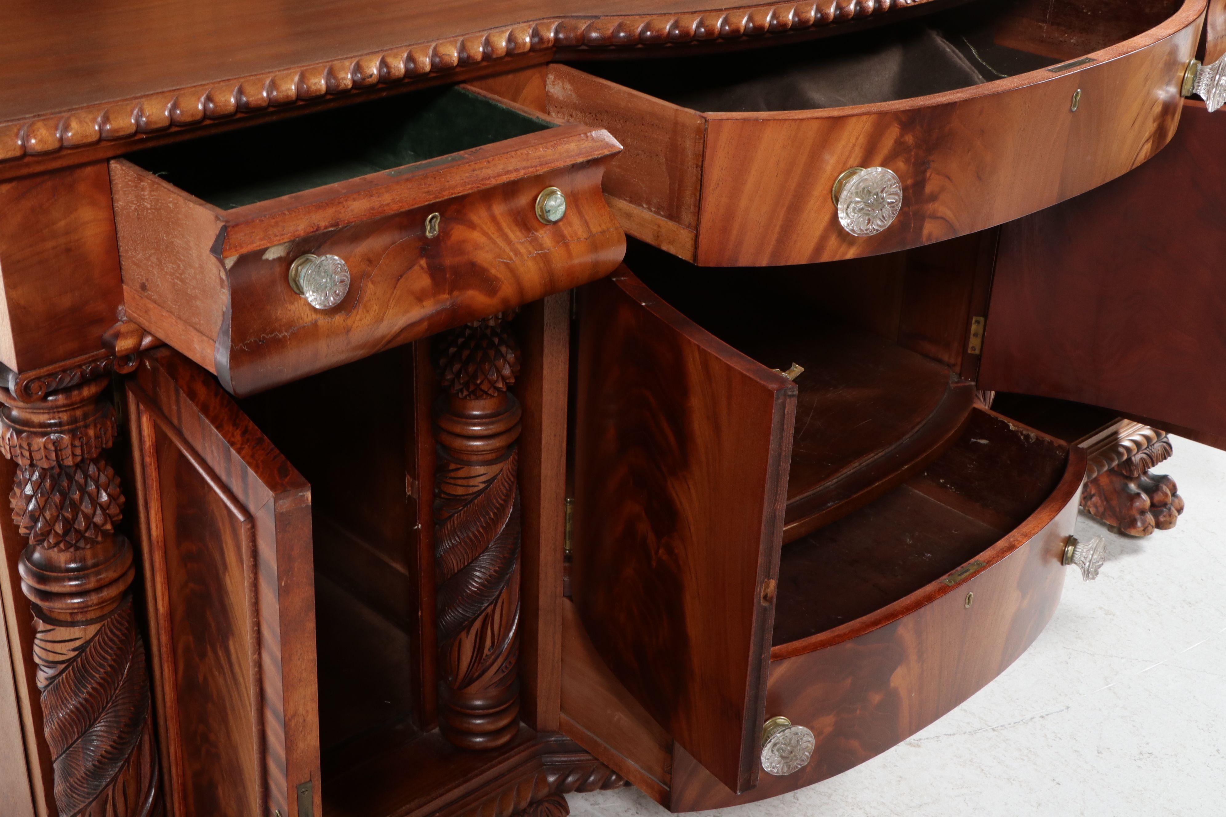 American Empire Carved Pineapple and Lions Paw Flame Mahogany Sideboard