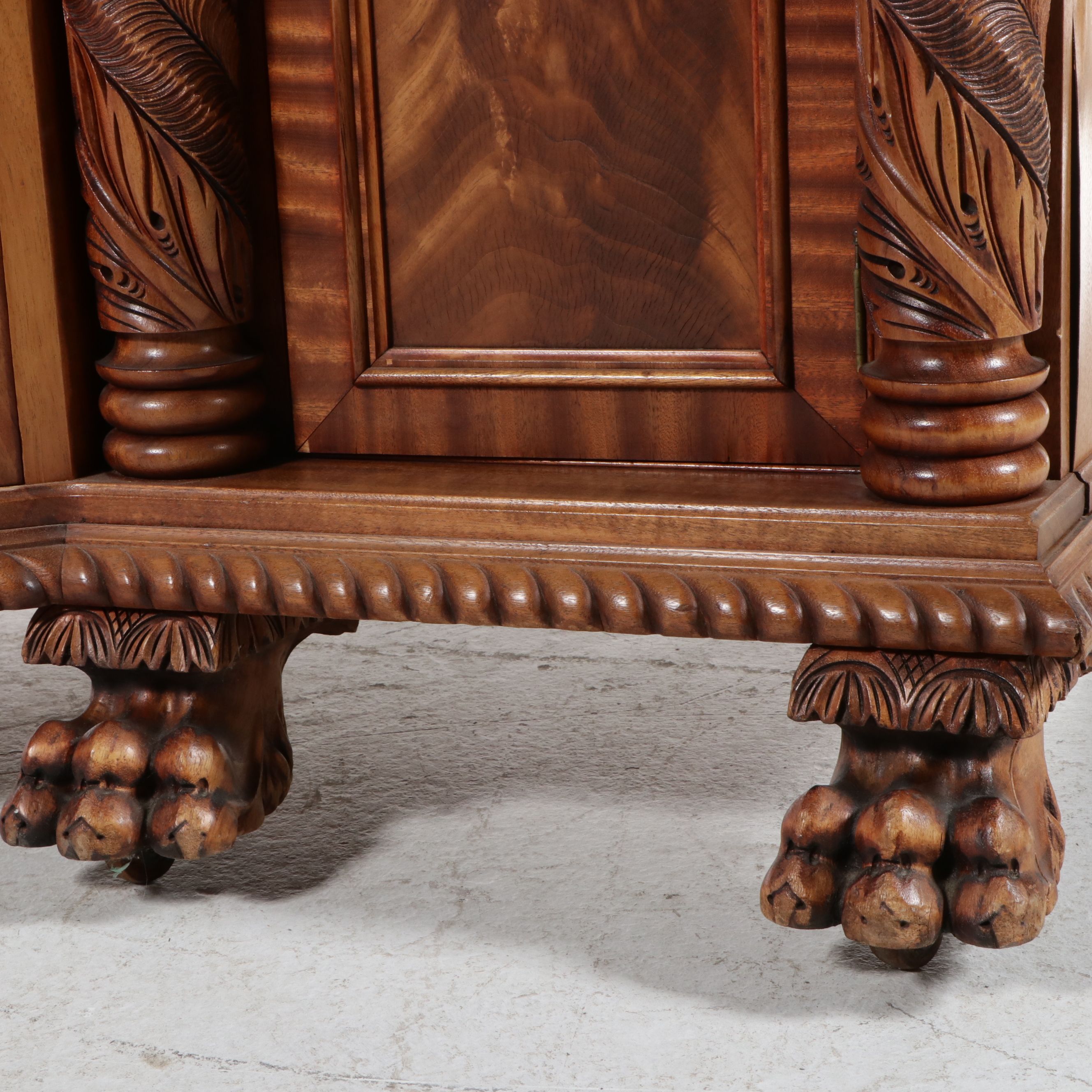 American Empire Carved Pineapple and Lions Paw Flame Mahogany Sideboard