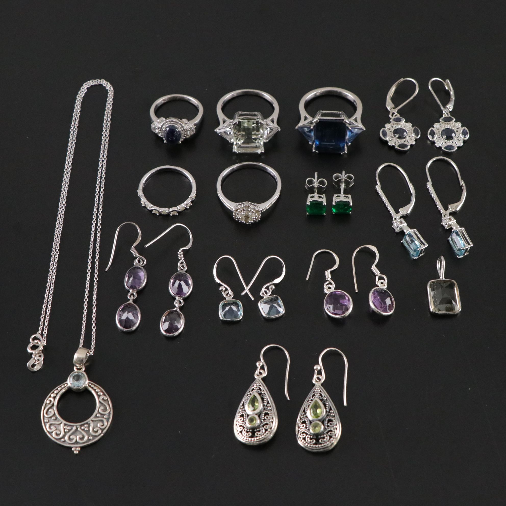 14 Assorted Sterling Silver Rings, Earrings and Necklace