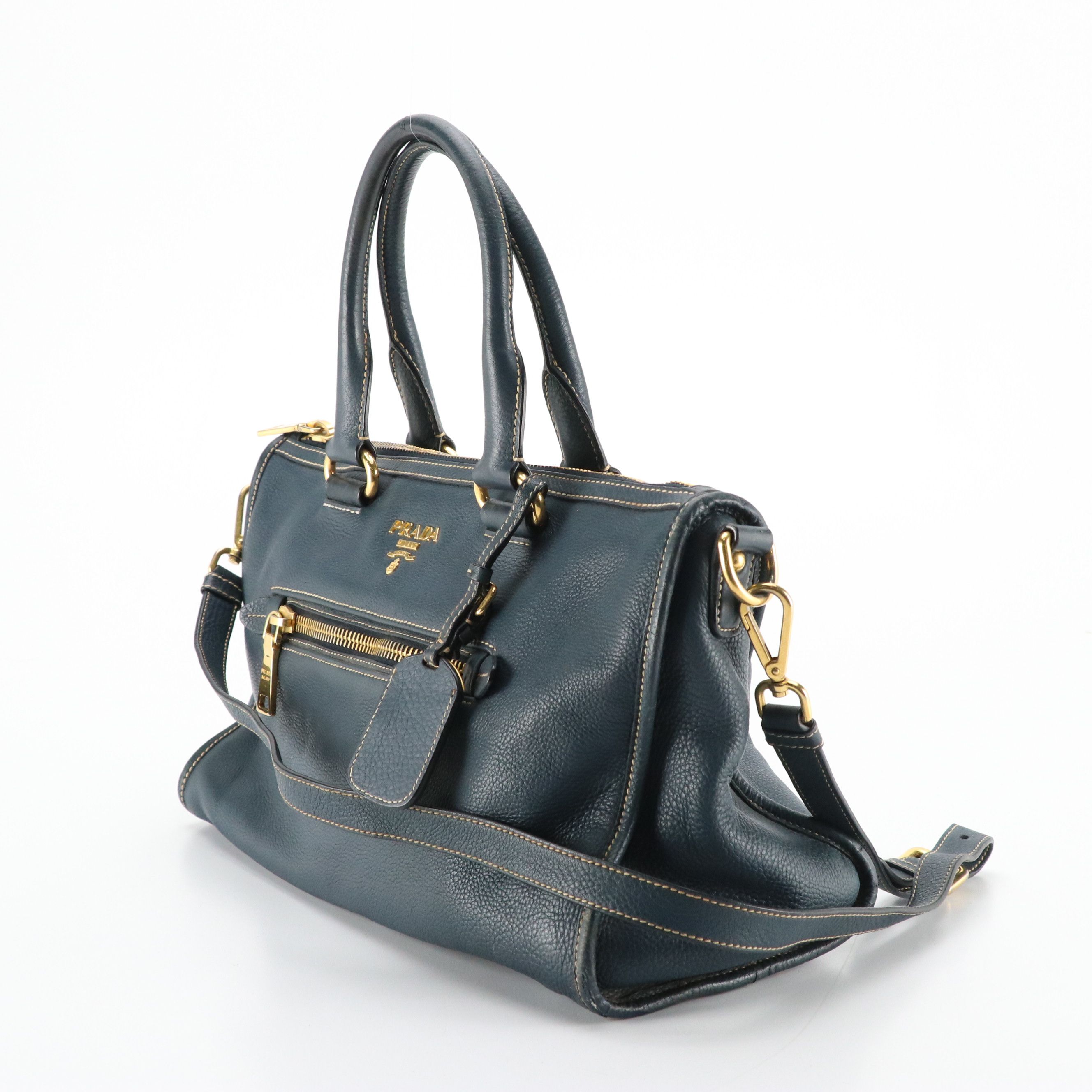 Prada Satchel Bag in Blue Vitello Daino Leather