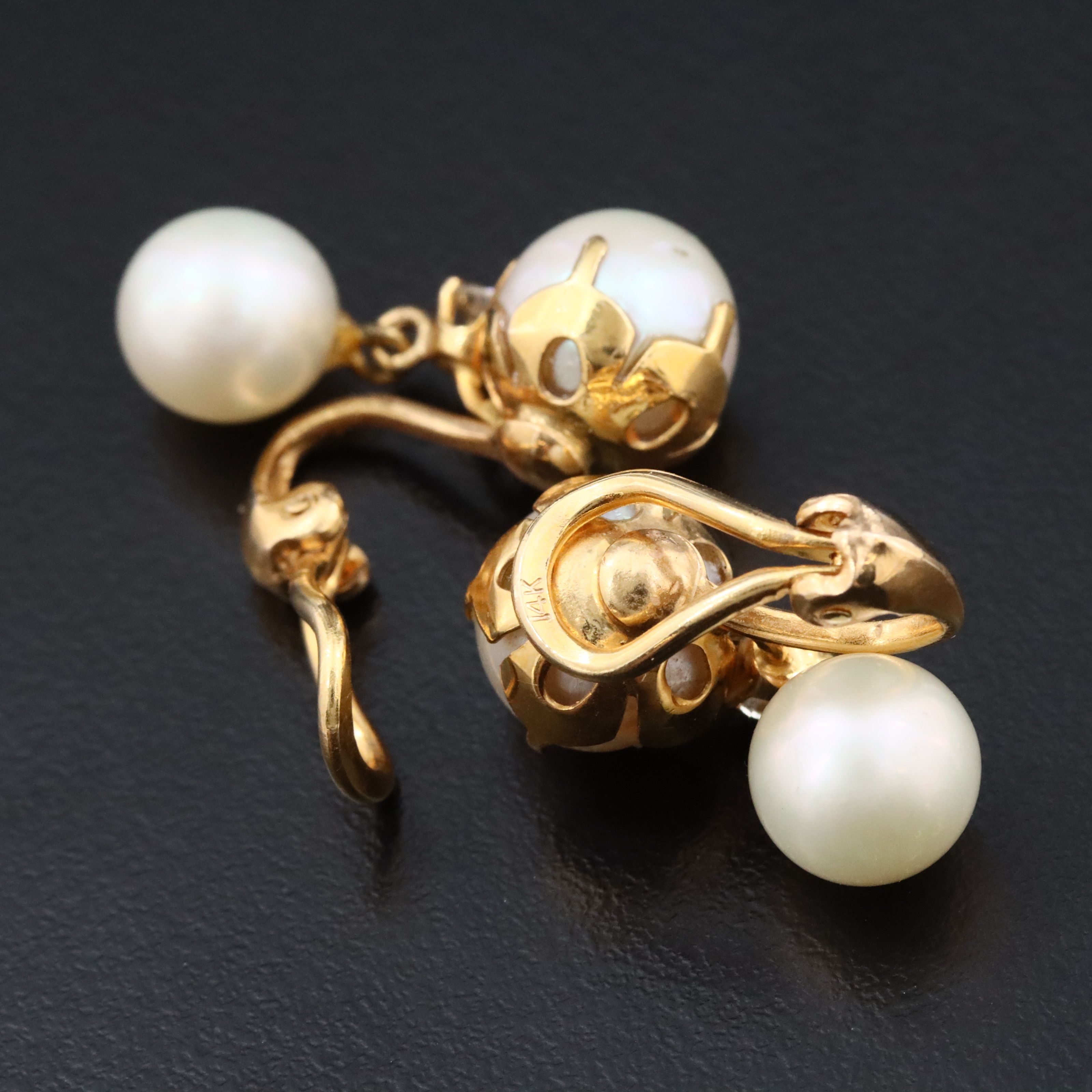 14K Pearl and Diamond Drop Earrings