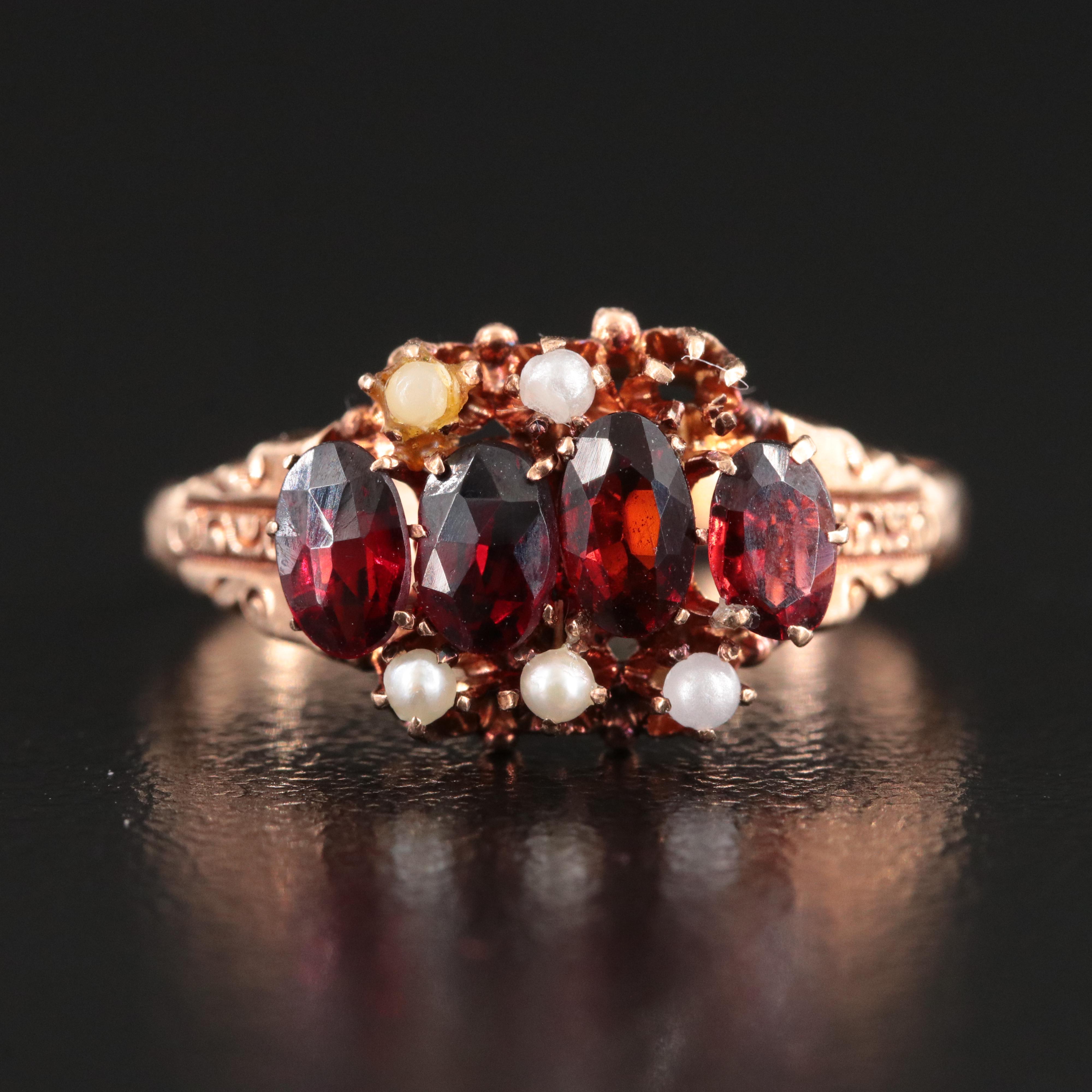 Victorian 10K Rose Gold Garnet and Seed Pearl Ring