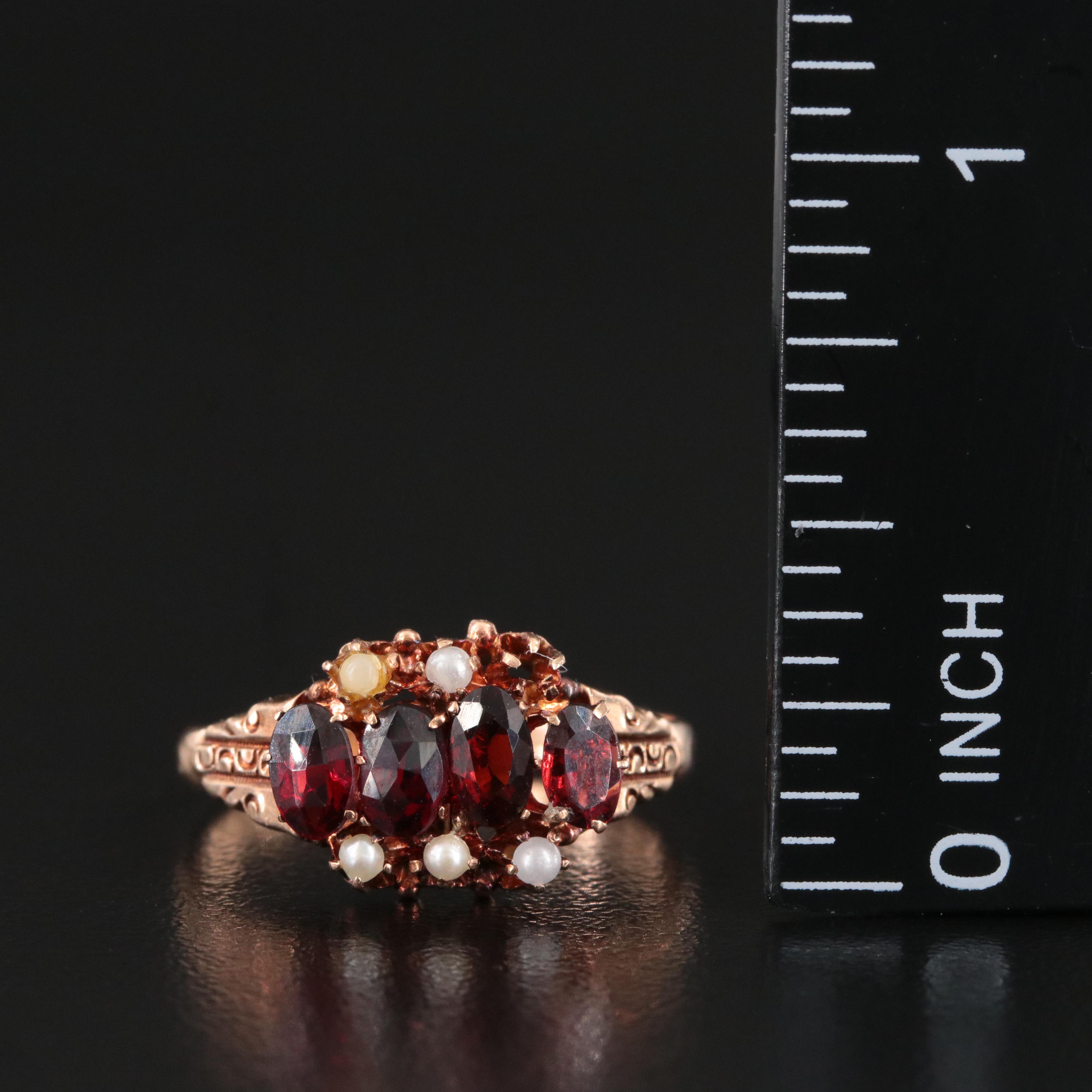Victorian 10K Rose Gold Garnet and Seed Pearl Ring