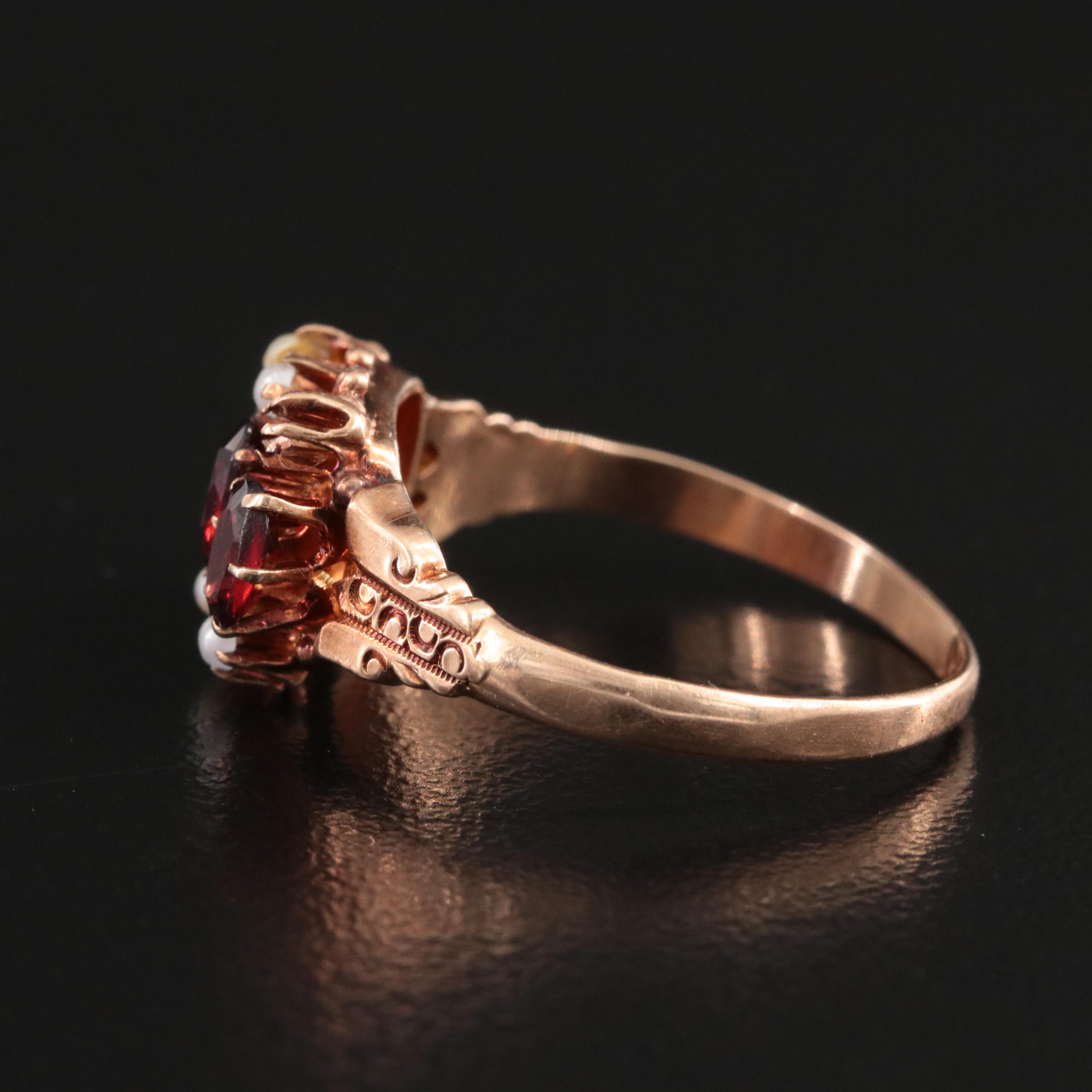 Victorian 10K Rose Gold Garnet and Seed Pearl Ring