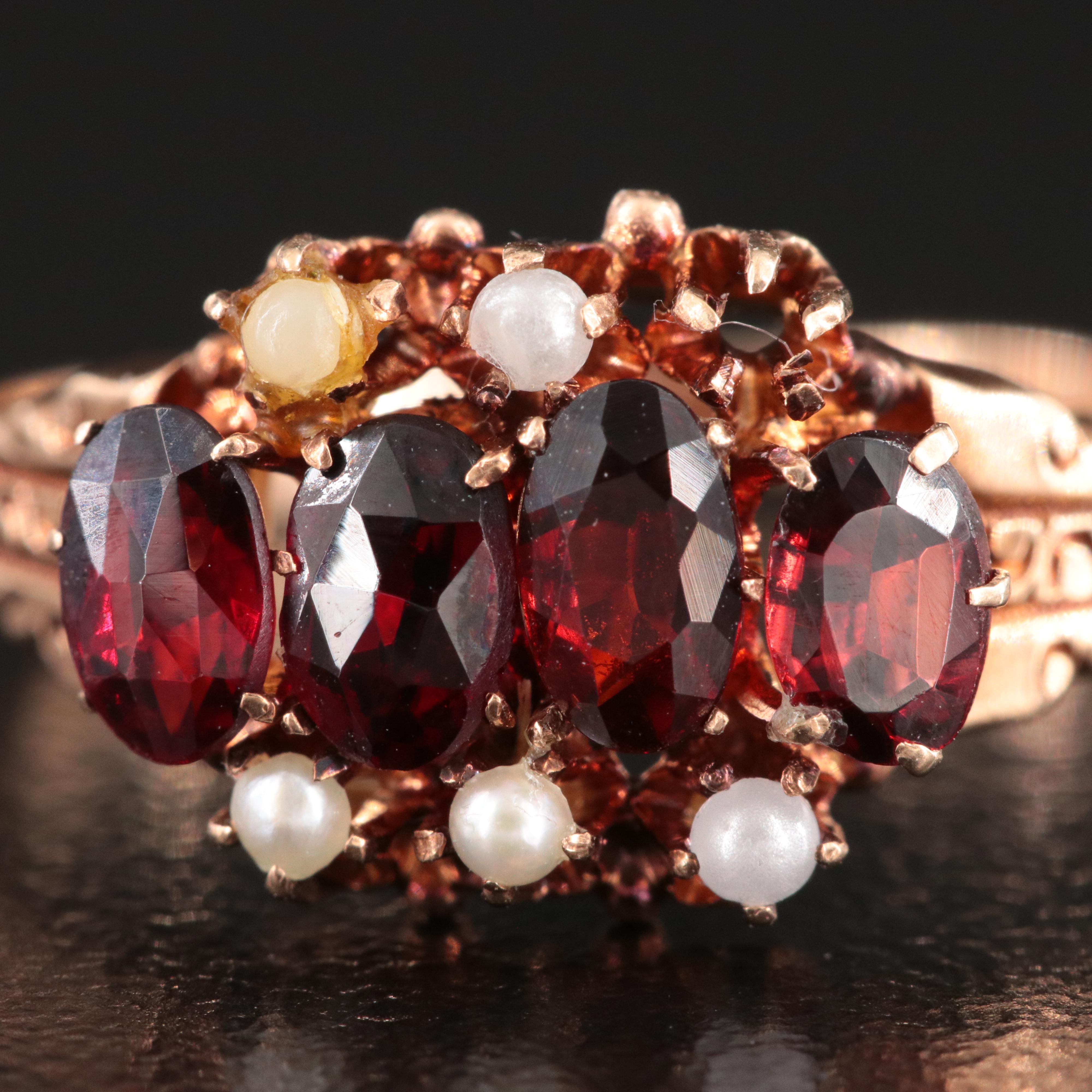 Victorian 10K Rose Gold Garnet and Seed Pearl Ring
