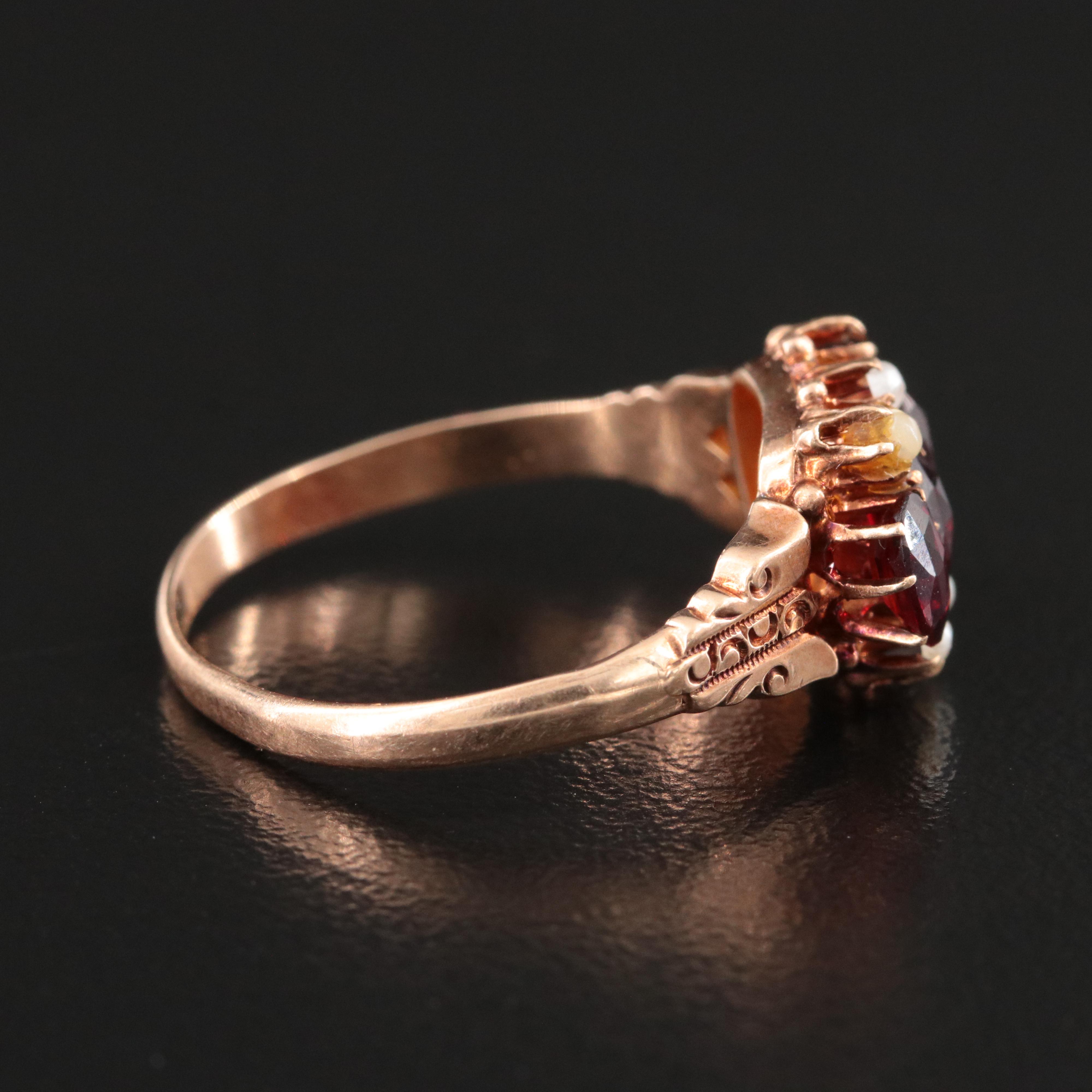 Victorian 10K Rose Gold Garnet and Seed Pearl Ring