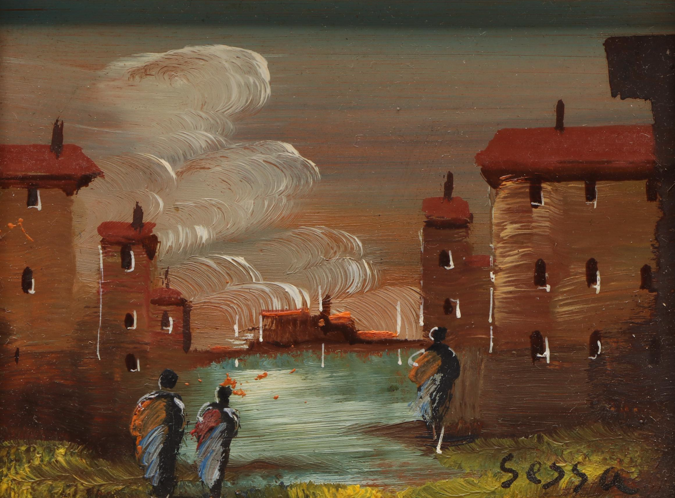 Miniature Oil Paintings of Figures in Cityscape Scenes, 20th Century