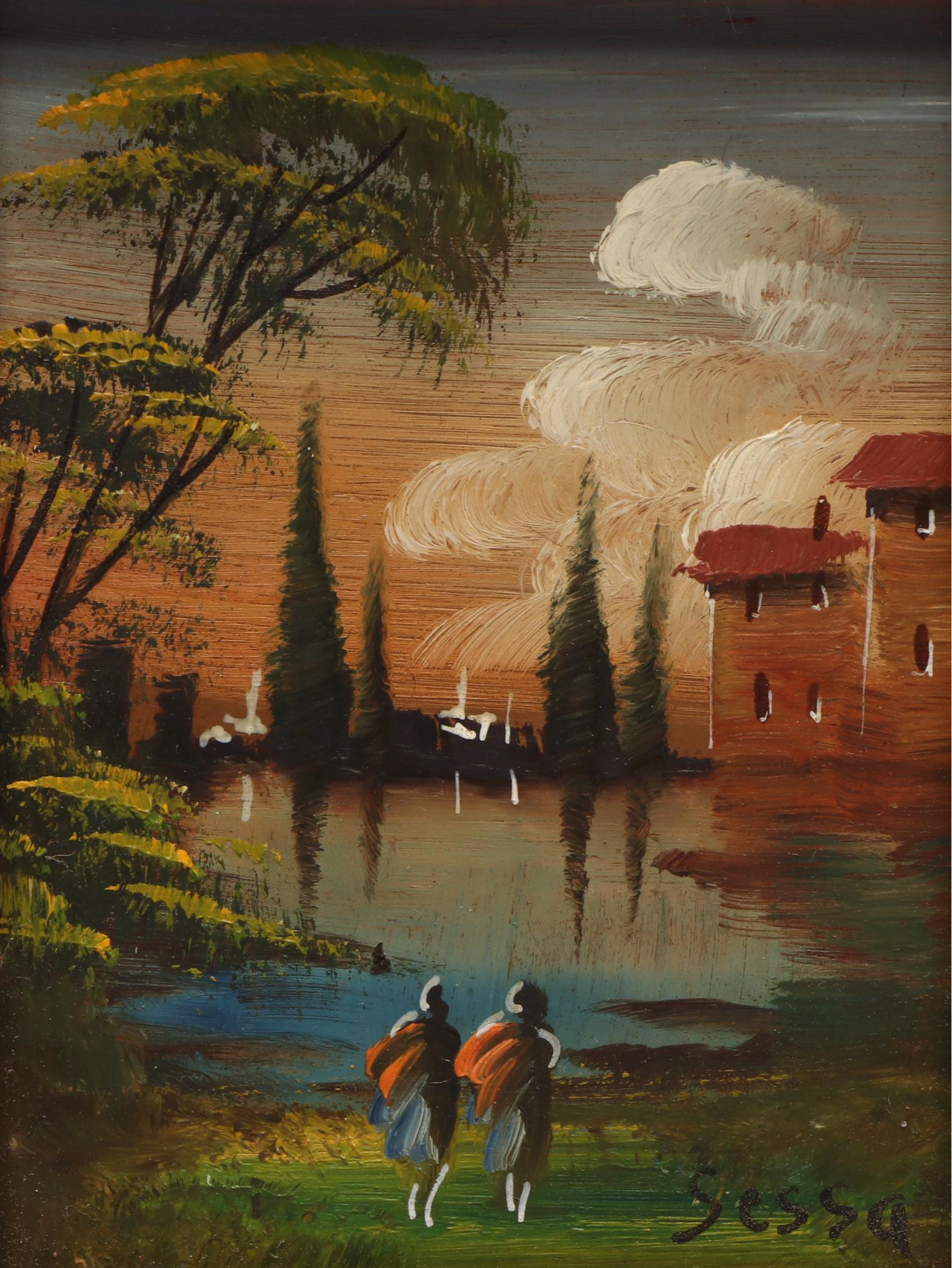 Miniature Oil Paintings of Figures in Cityscape Scenes, 20th Century