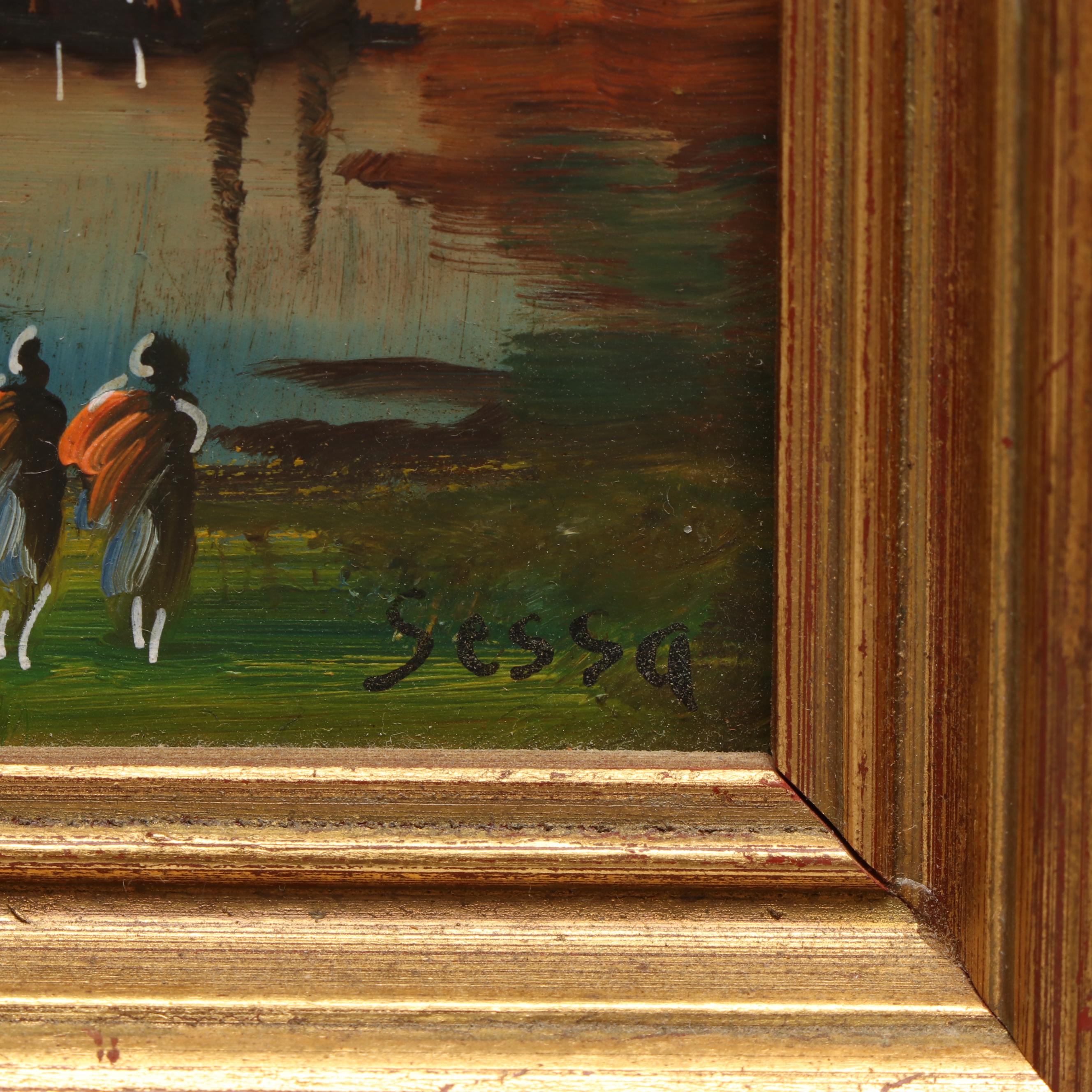 Miniature Oil Paintings of Figures in Cityscape Scenes, 20th Century