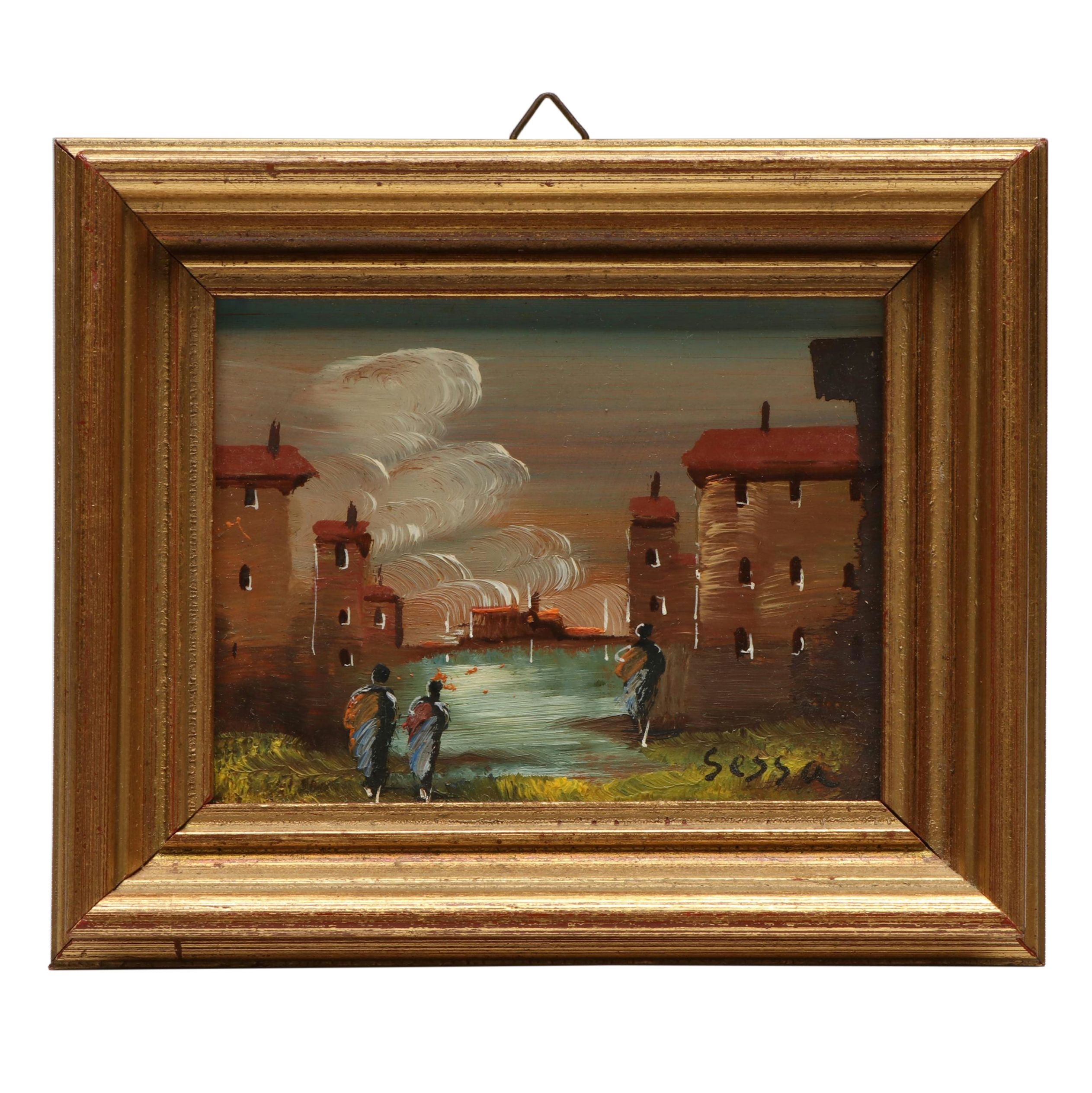 Miniature Oil Paintings of Figures in Cityscape Scenes, 20th Century