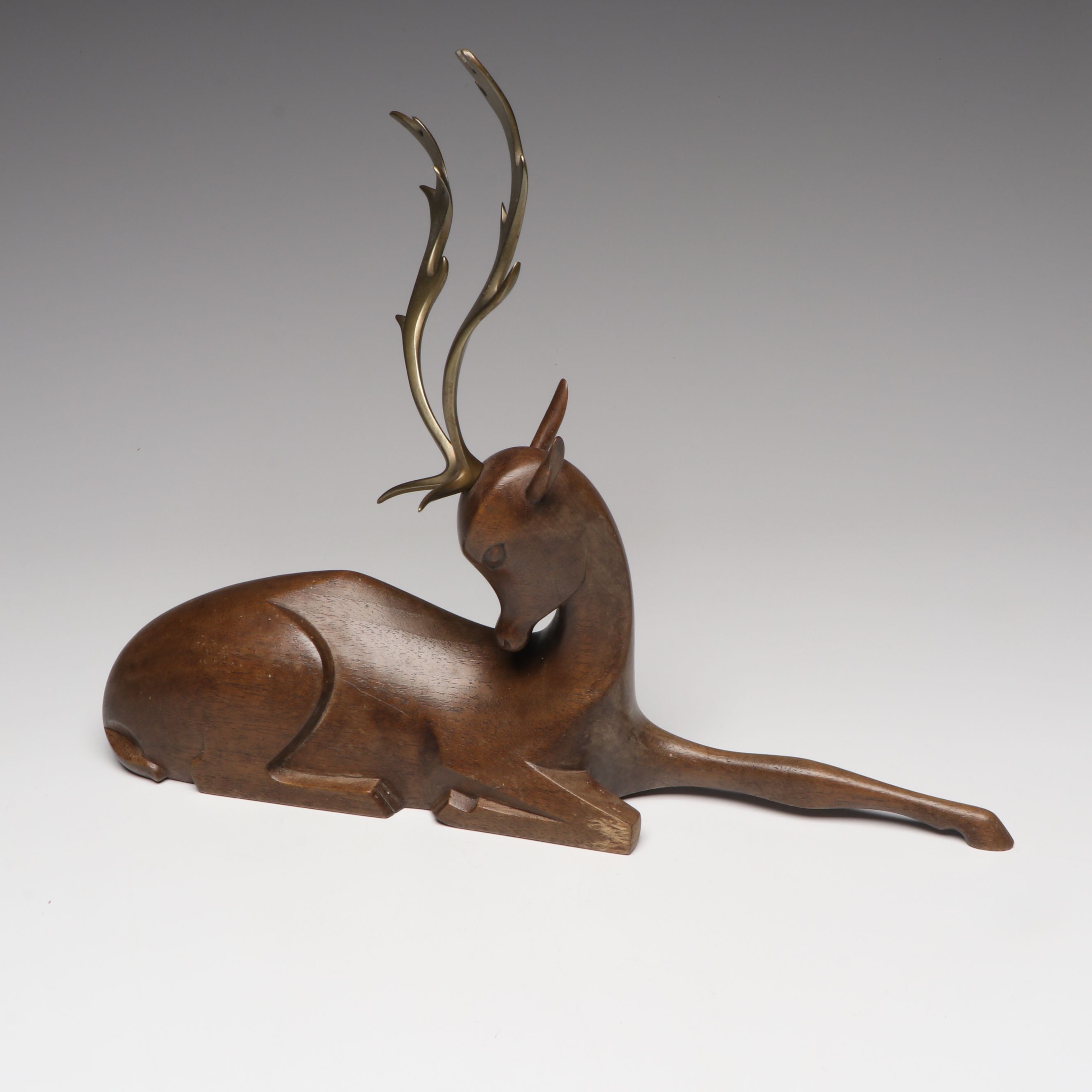Art Deco Carved Wood and Brass Fallow Deer, Manner of Werkstätte Hagenauer