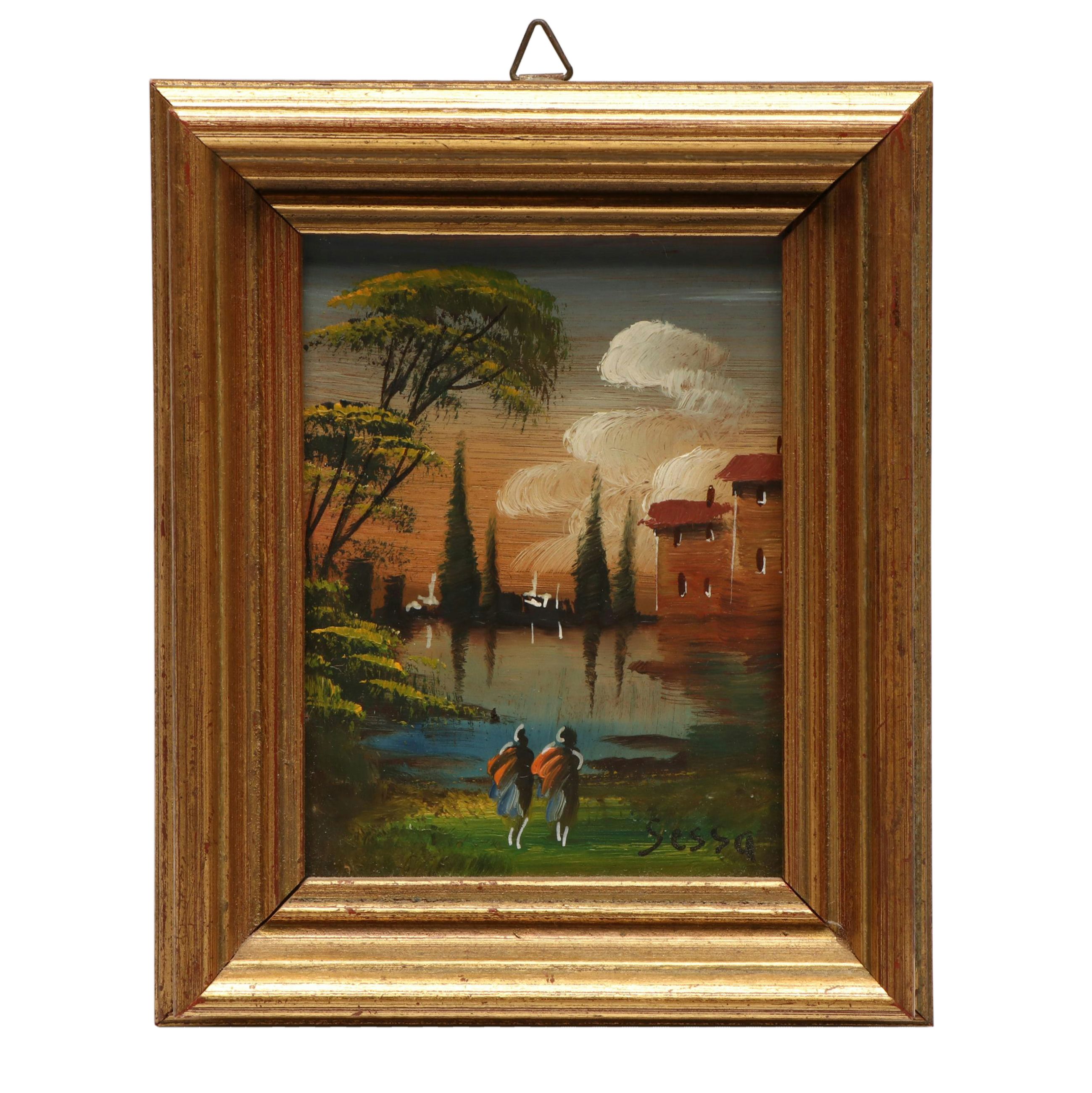 Miniature Oil Paintings of Figures in Cityscape Scenes, 20th Century