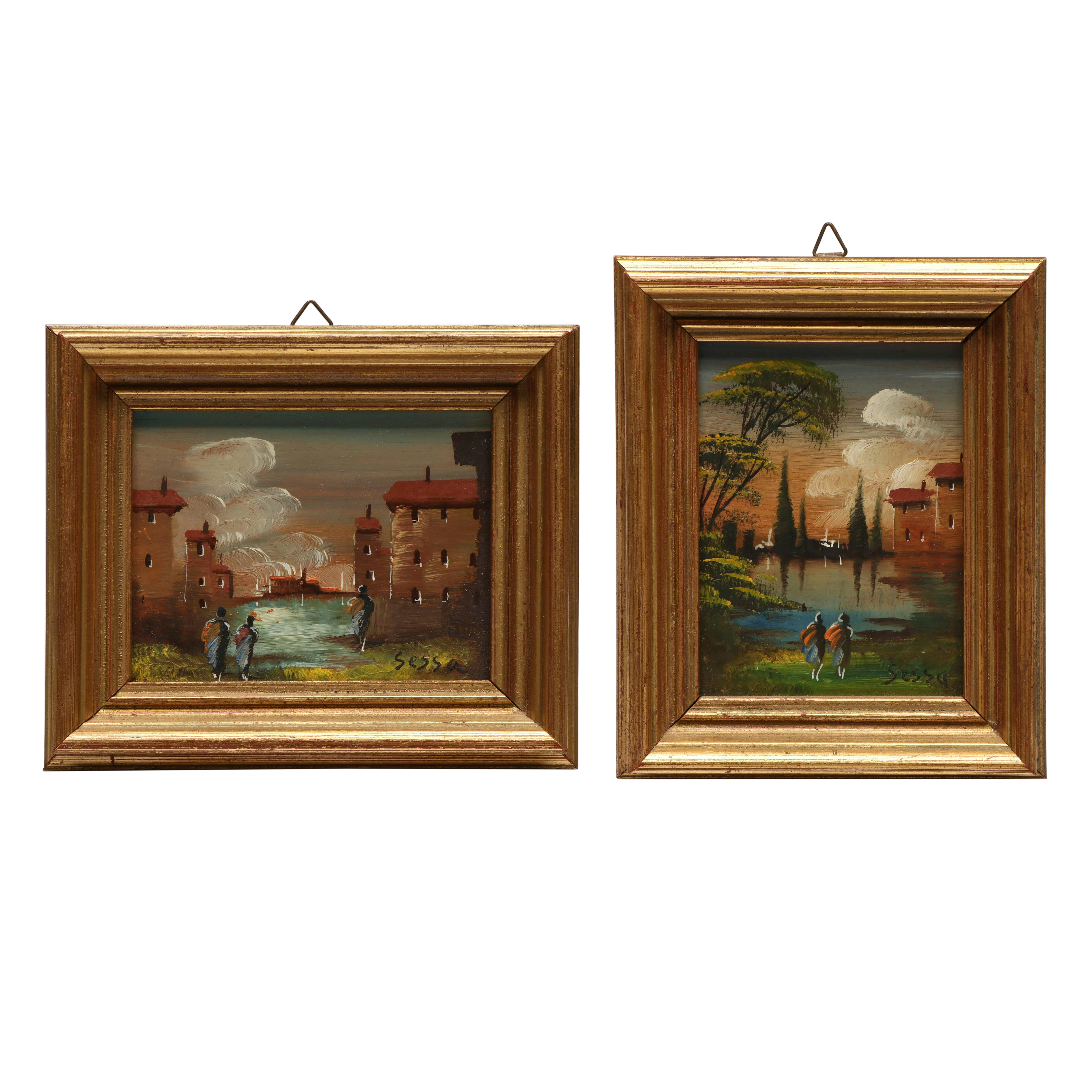 Miniature Oil Paintings of Figures in Cityscape Scenes, 20th Century