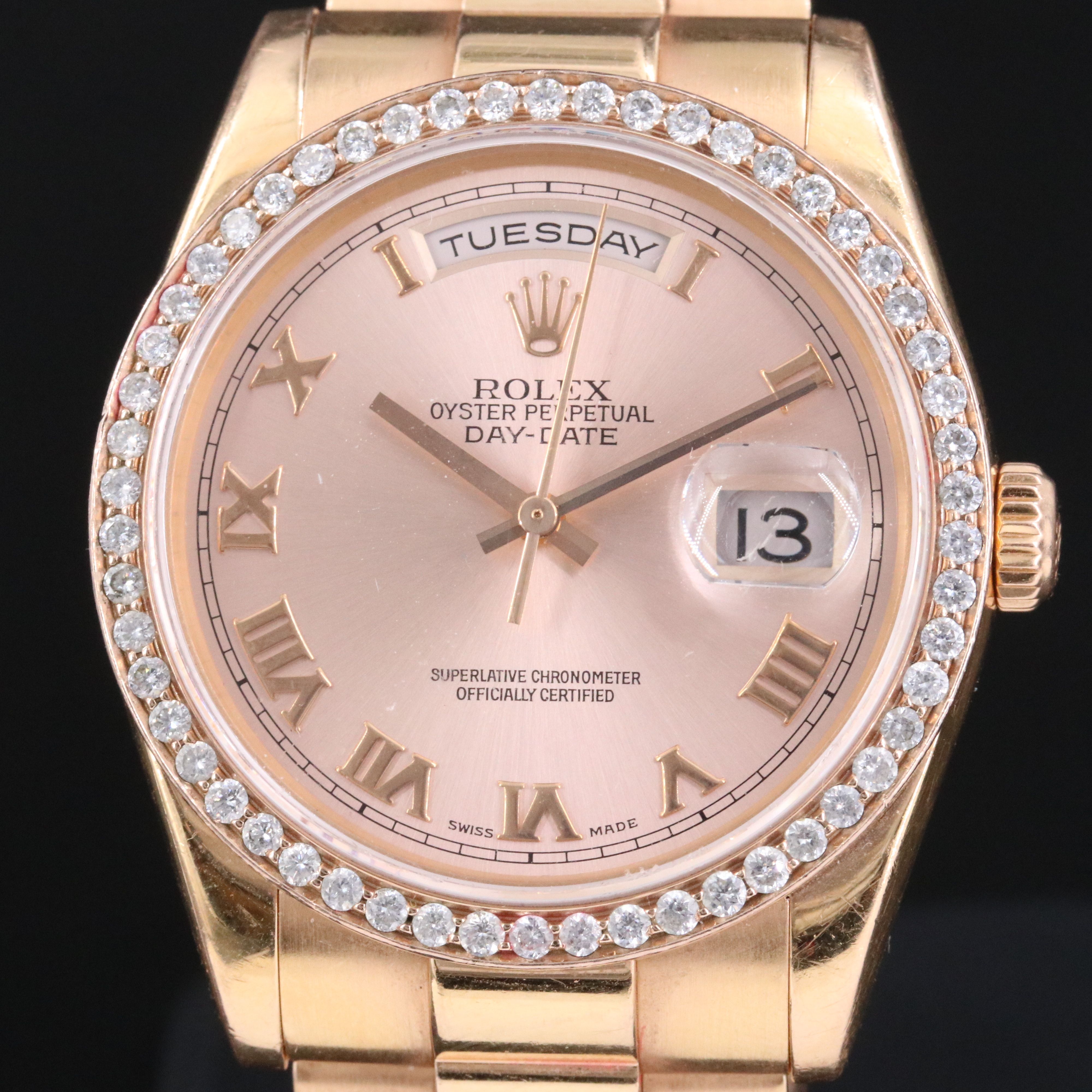 2005 Rolex Day - Date President 18K Everose Custom Diamond Bezel 118325 Watch