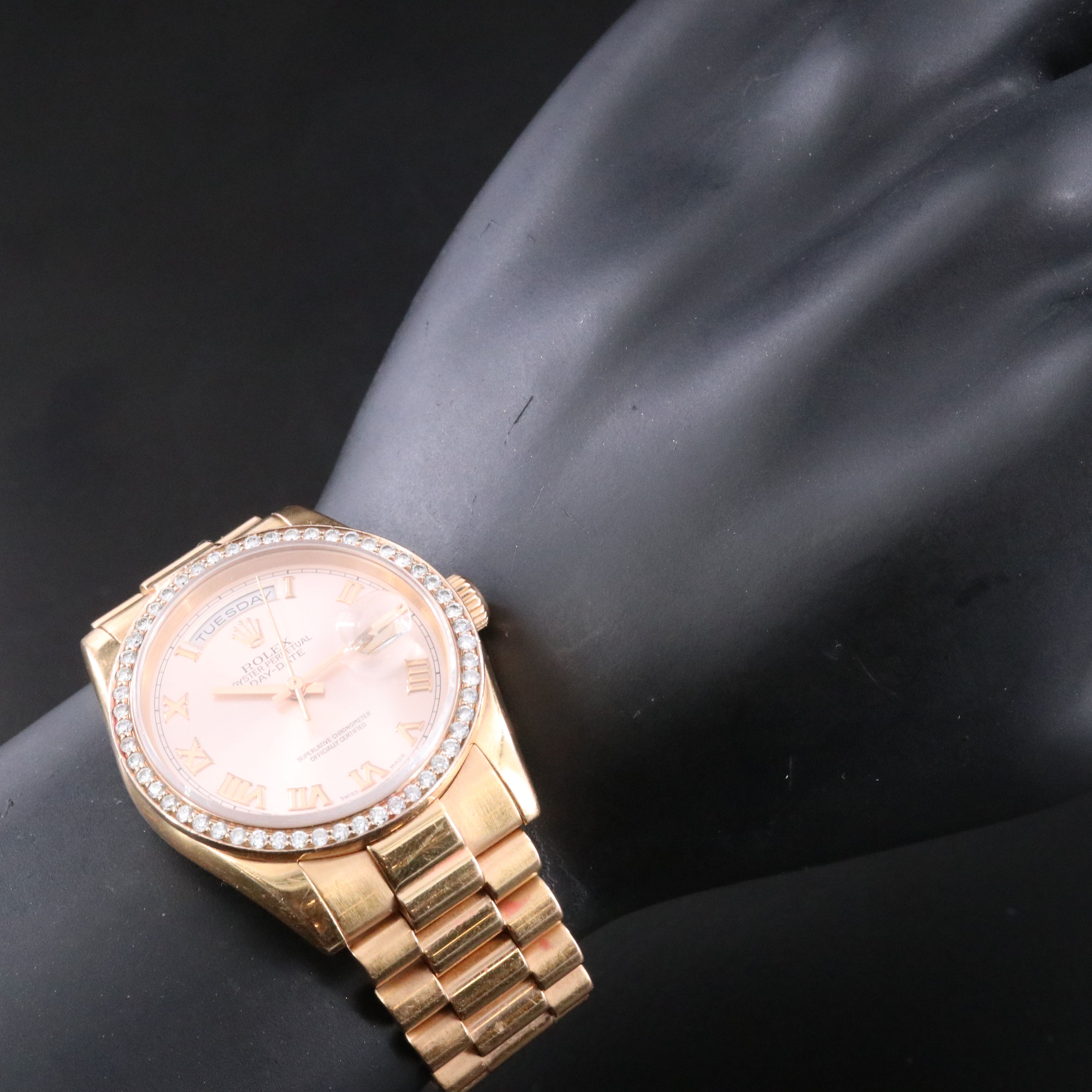 2005 Rolex Day - Date President 18K Everose Custom Diamond Bezel 118325 Watch