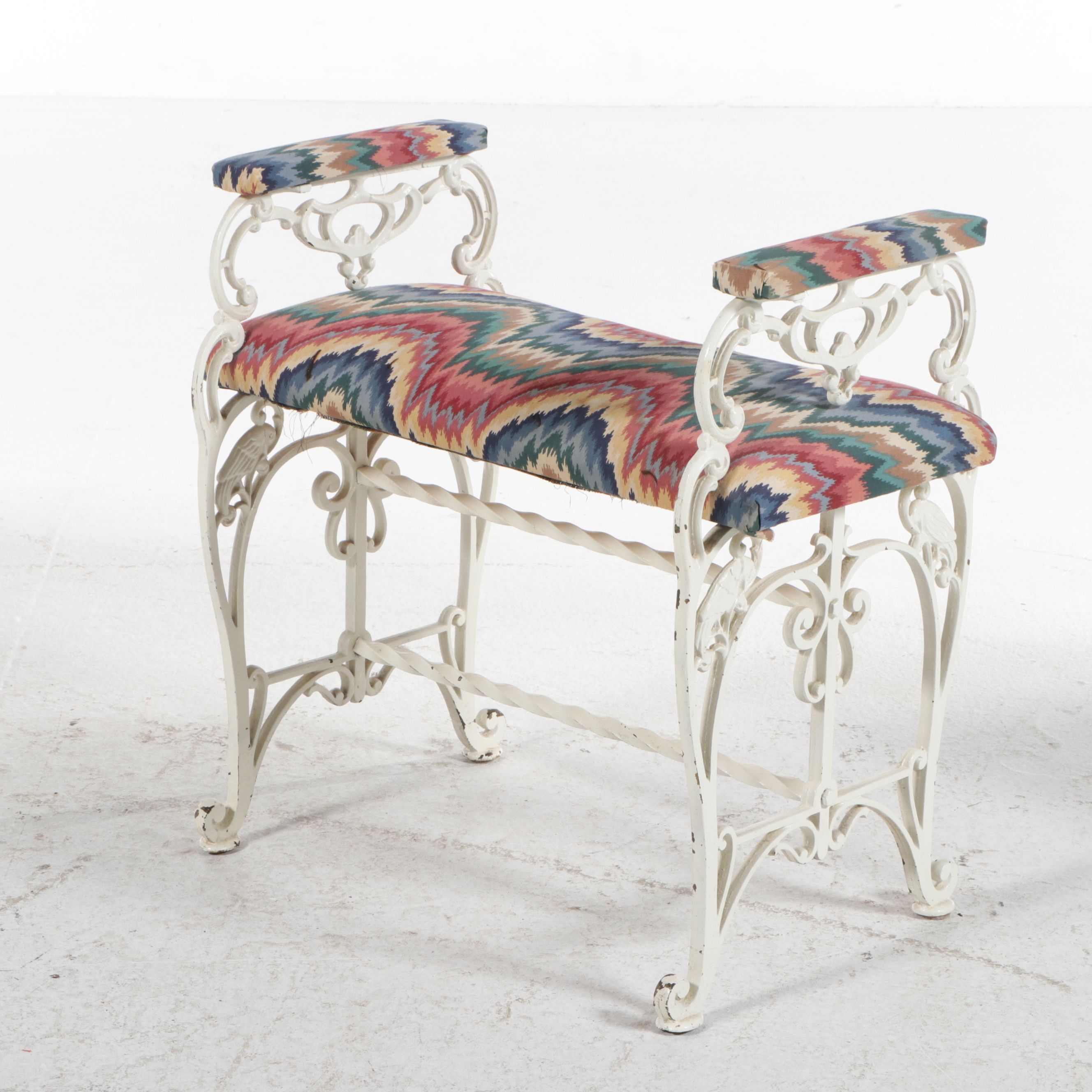 Victorian White-Painted Wrought Iron Bench with Flame Stitch Pattern Upholstery