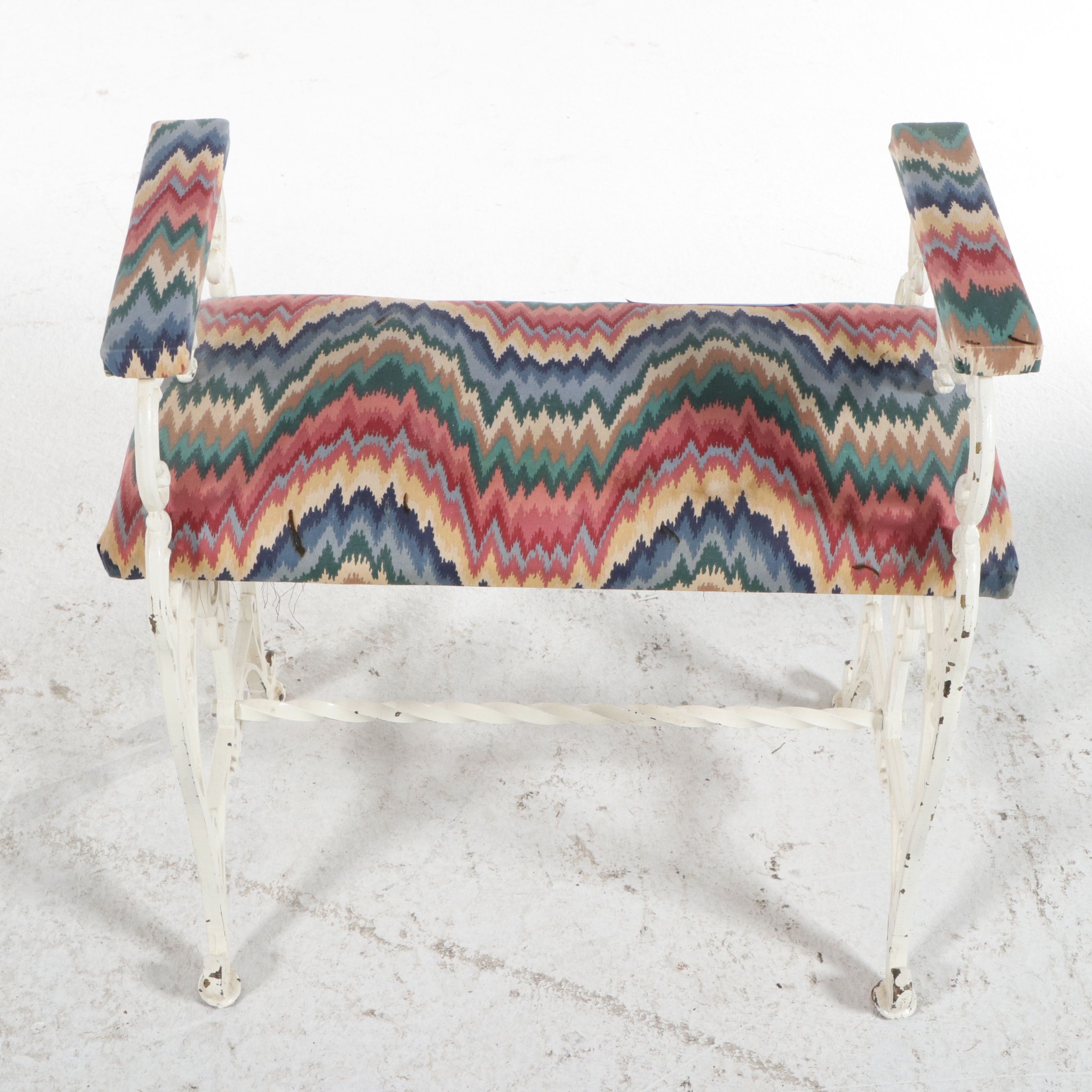 Victorian White-Painted Wrought Iron Bench with Flame Stitch Pattern Upholstery