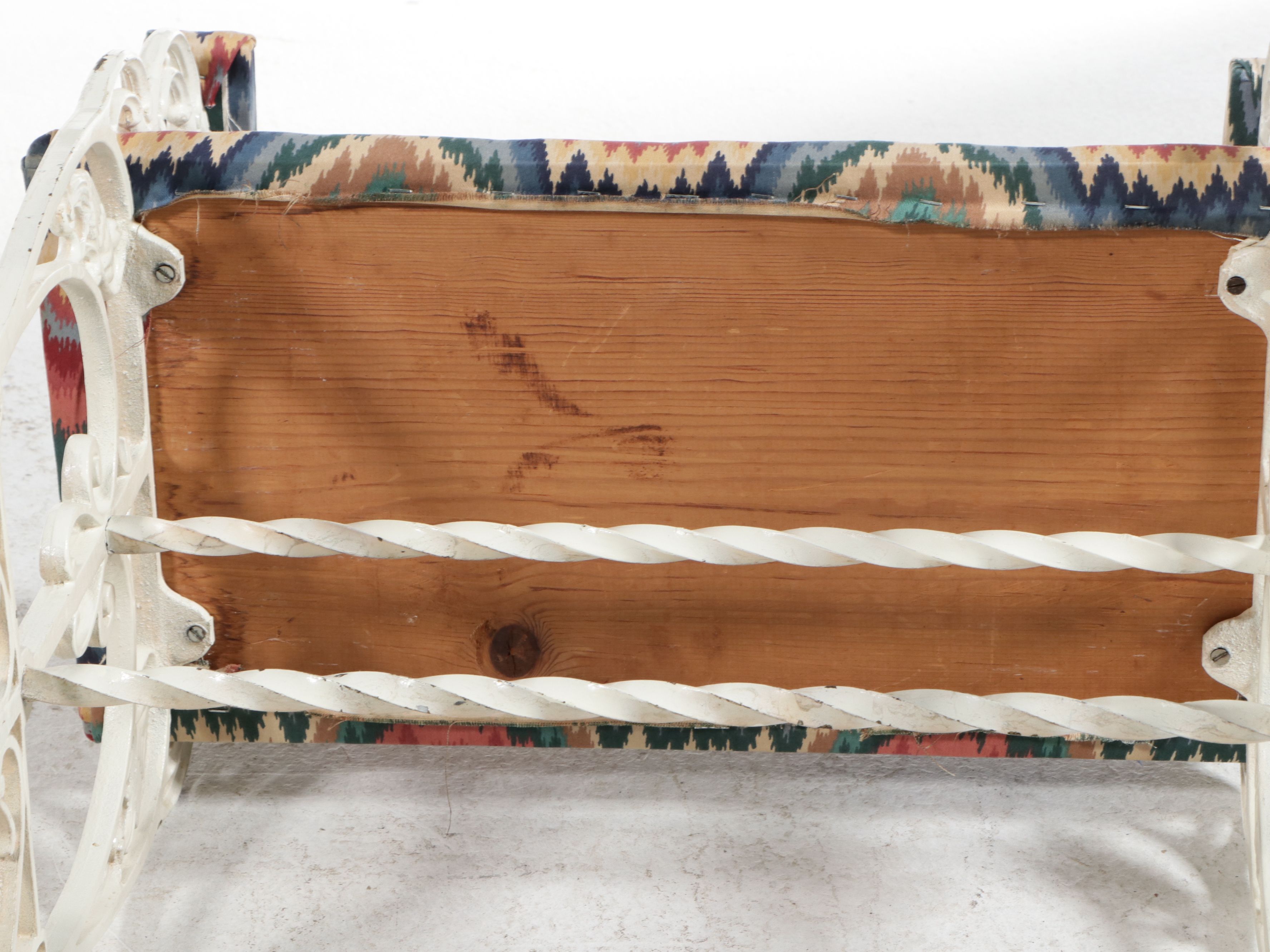 Victorian White-Painted Wrought Iron Bench with Flame Stitch Pattern Upholstery