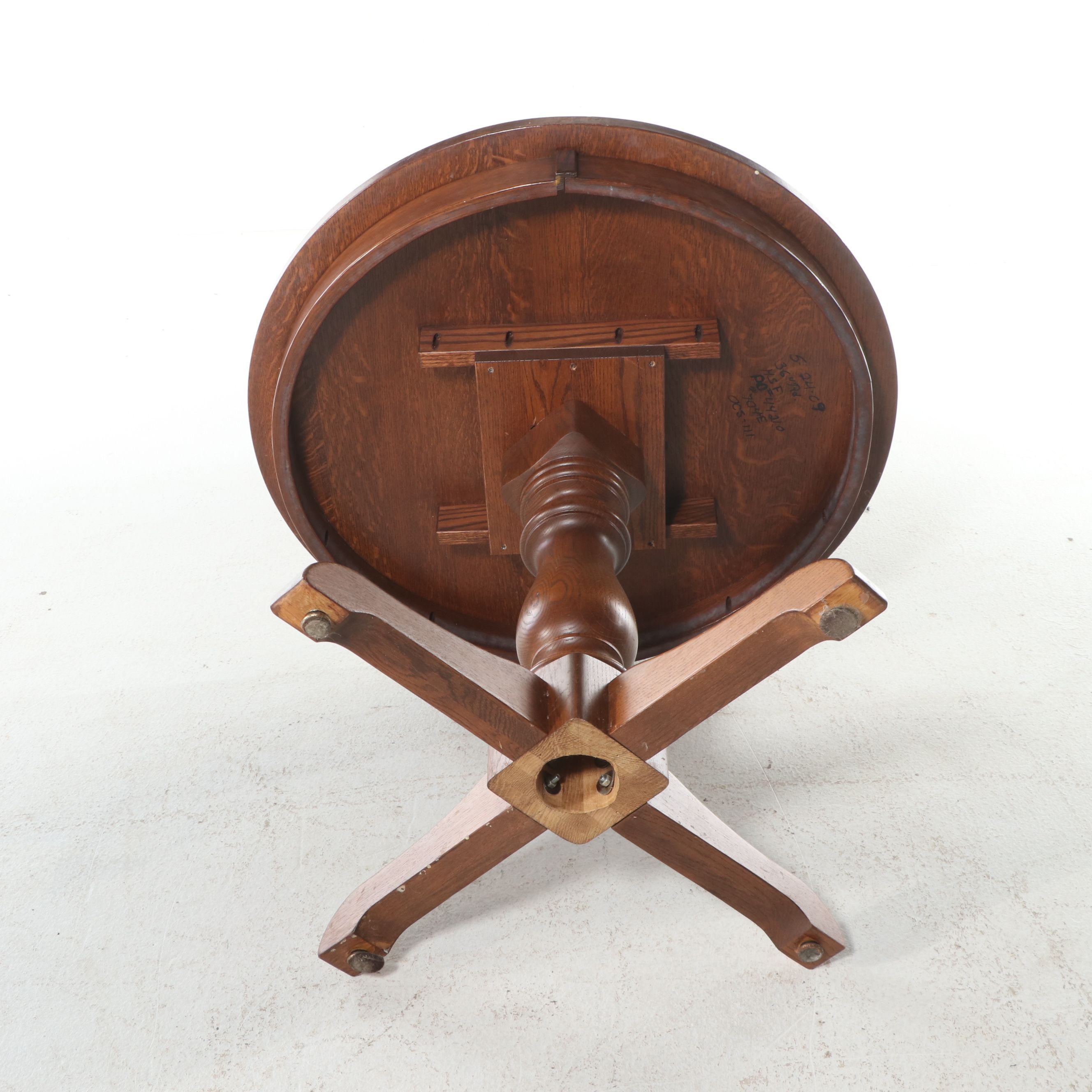 Oak Pedestal Table with Pair of Best Chairs Inc. Upholstered Side Chairs