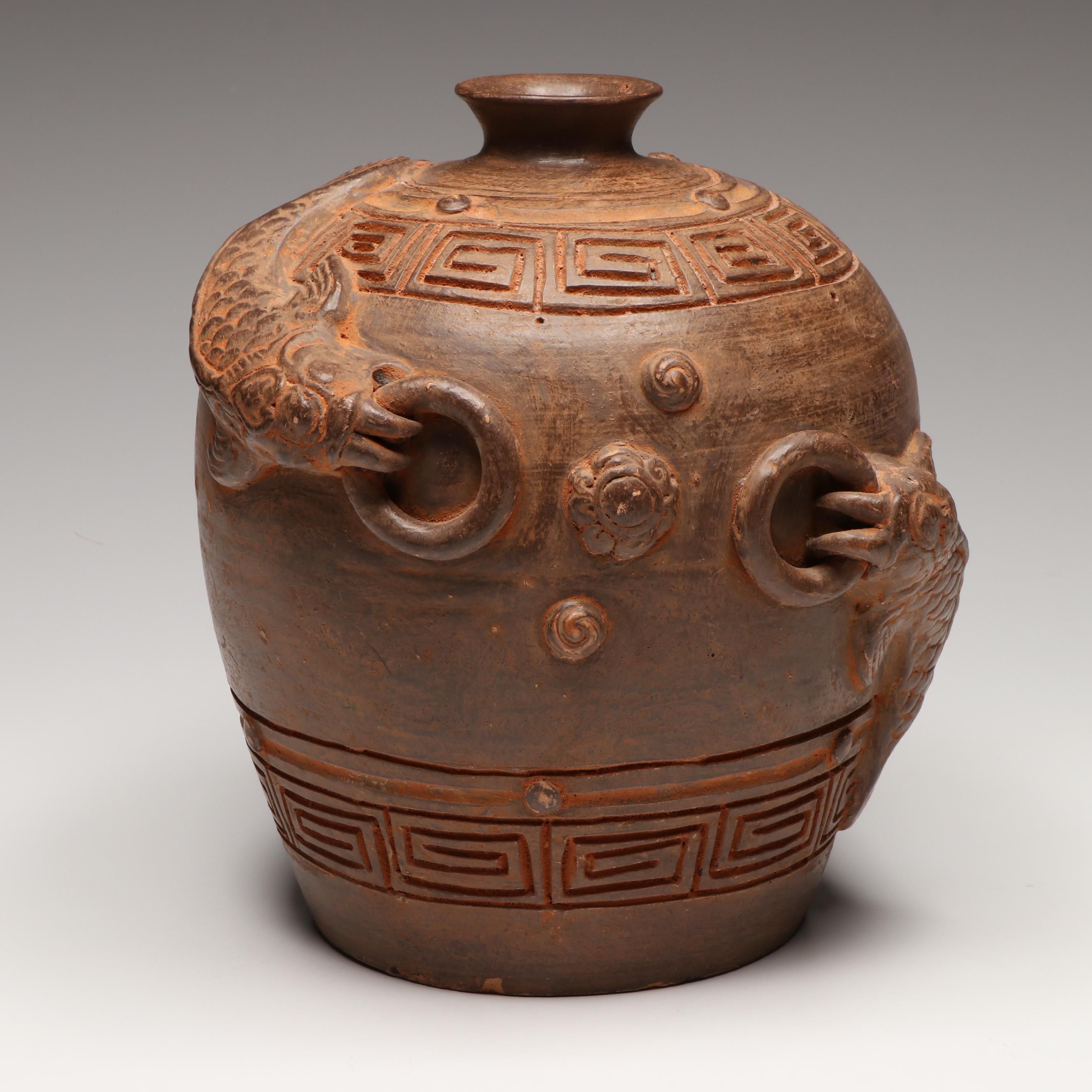 Chinese Terracotta High Relief Koi Jug