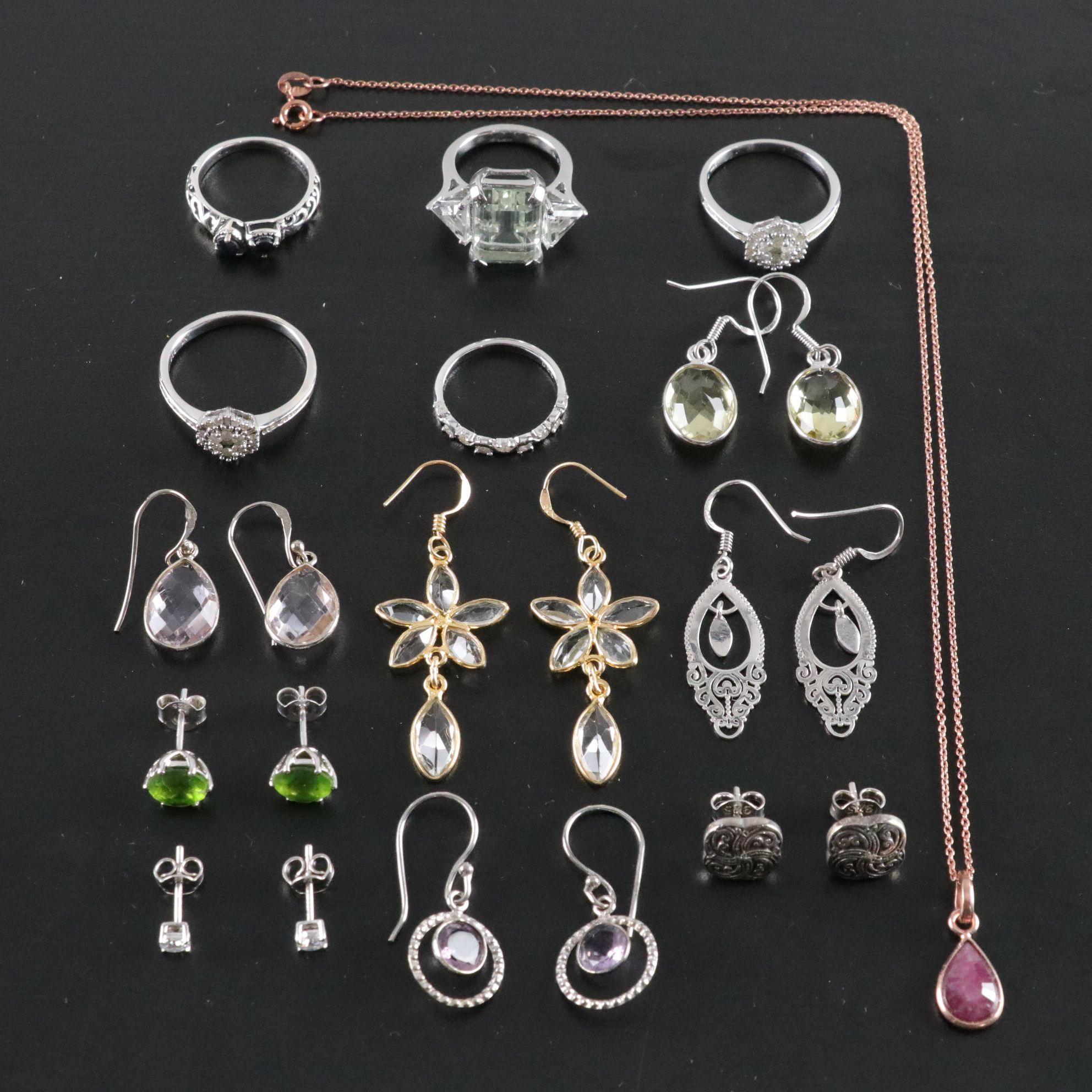 14 Assorted Sterling Silver Rings, Necklaces, Earrings, and Pendants