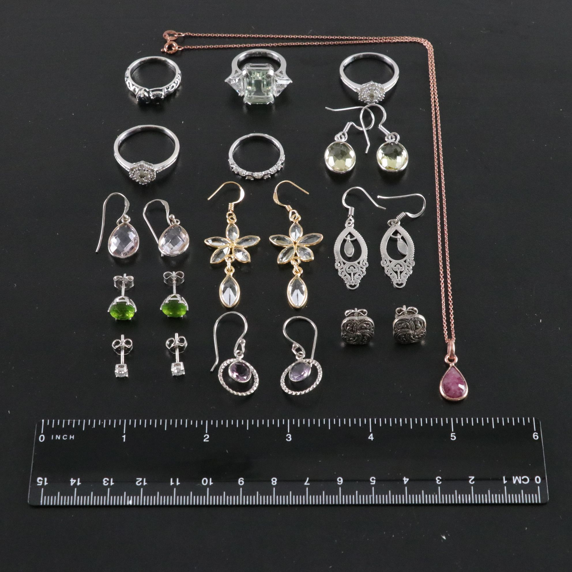 14 Assorted Sterling Silver Rings, Necklaces, Earrings, and Pendants