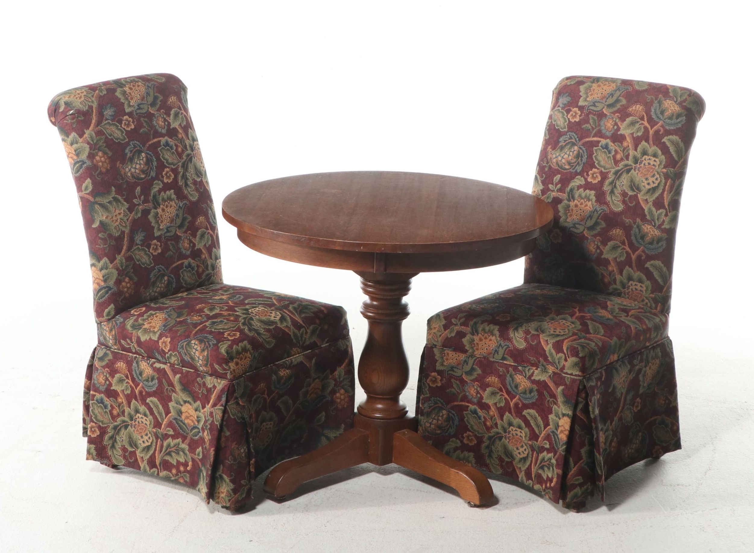 Oak Pedestal Table with Pair of Best Chairs Inc. Upholstered Side Chairs