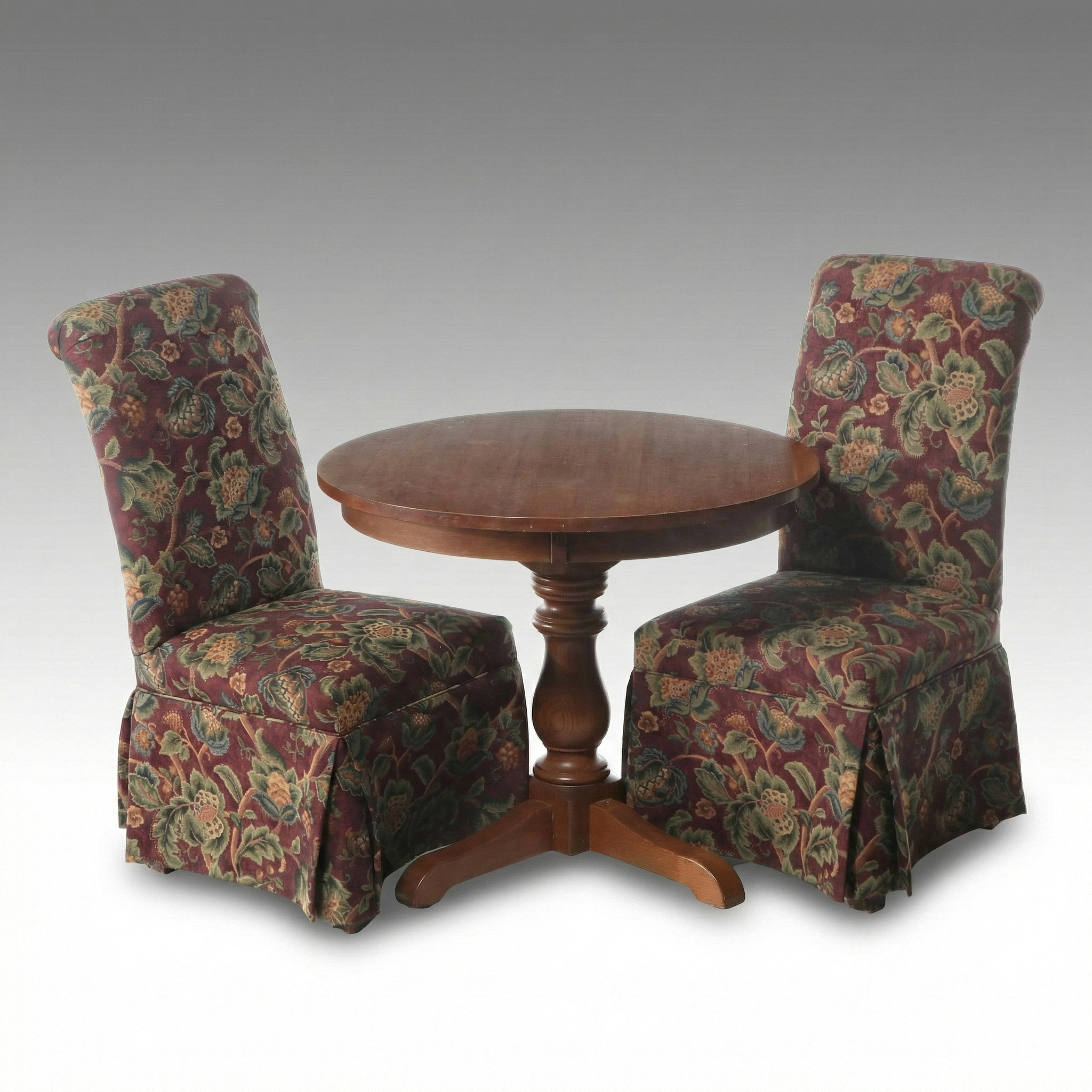 Oak Pedestal Table with Pair of Best Chairs Inc. Upholstered Side Chairs