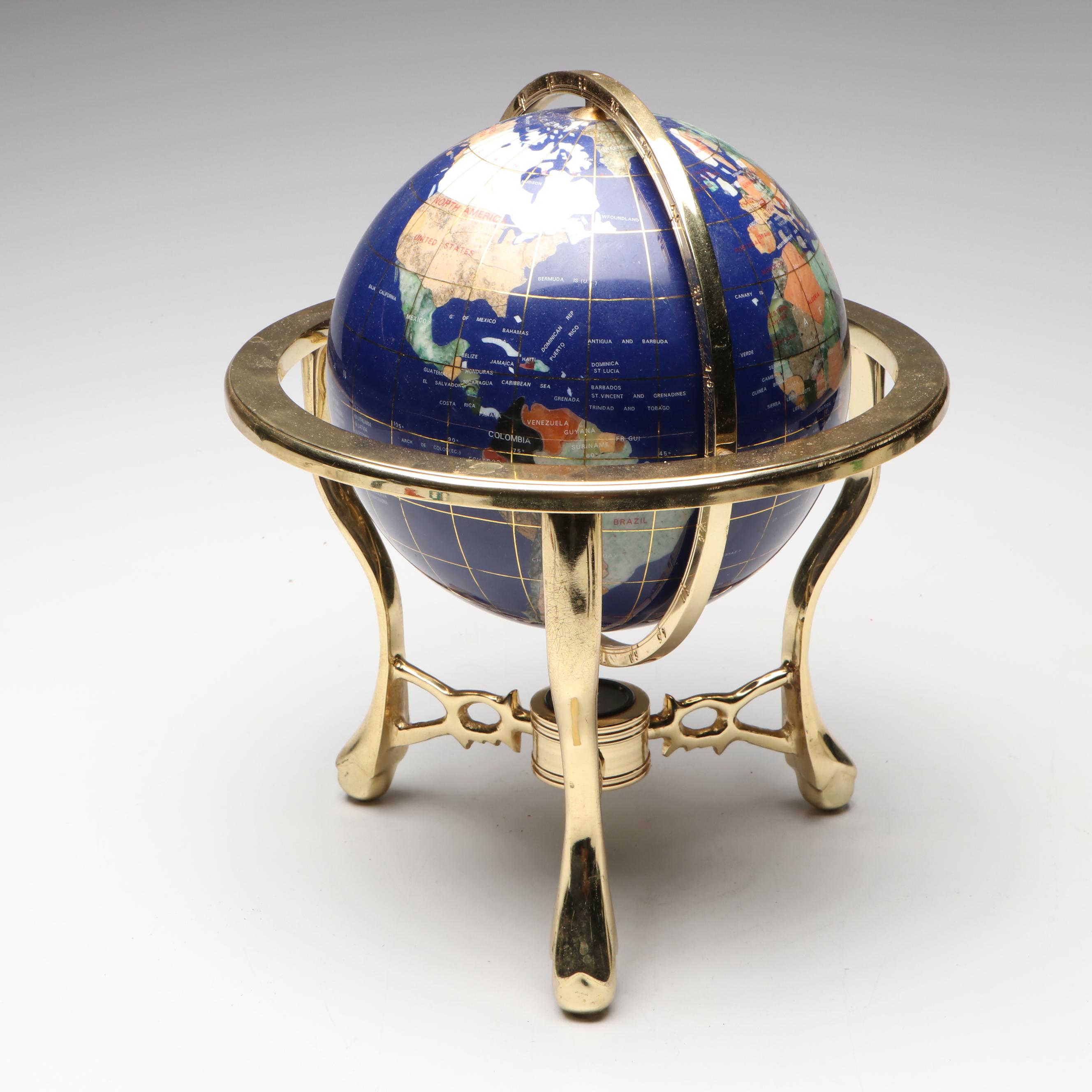 Gemstone Globe with Brass Finish Compass Stand