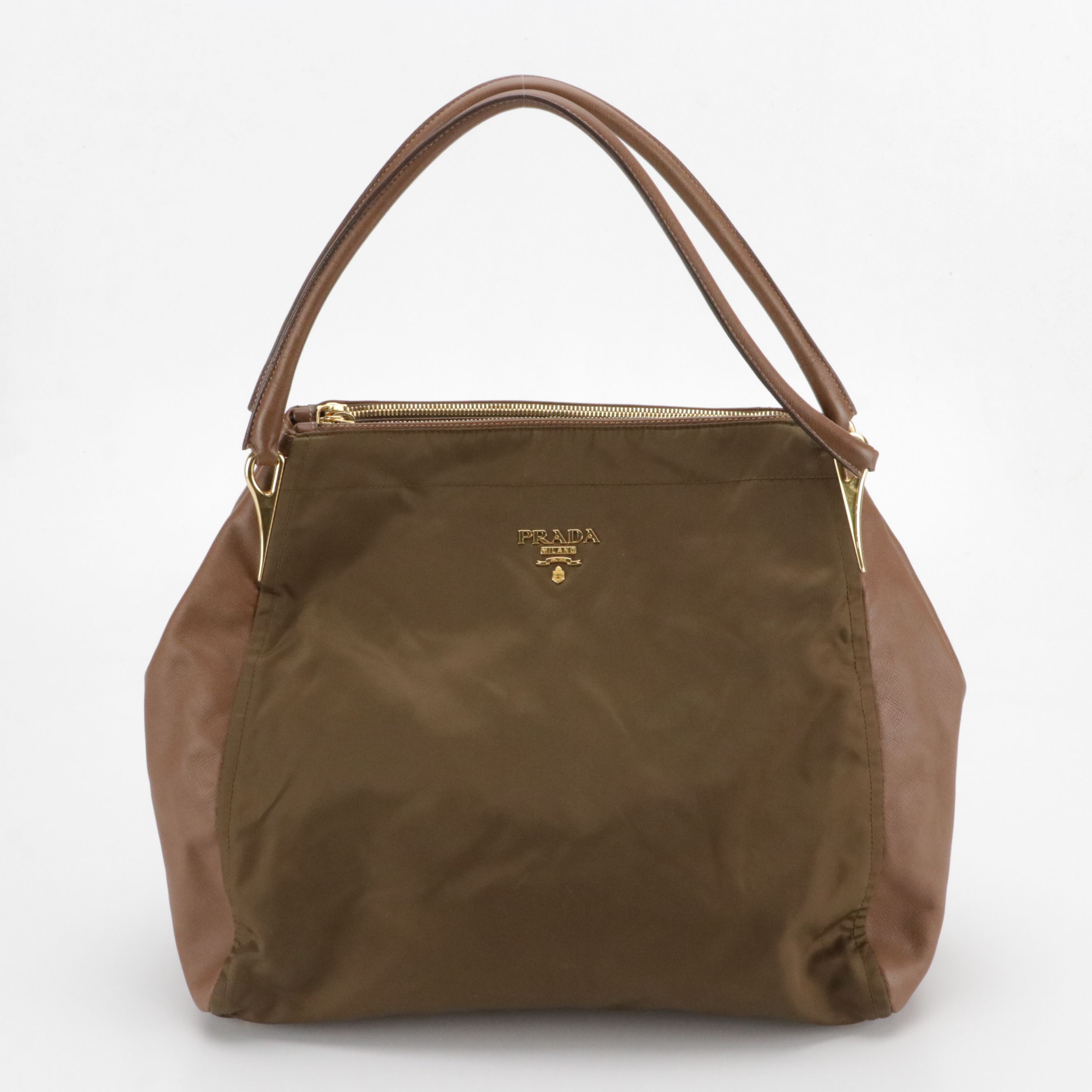 Prada Hobo Shoulder Bag in Mocha Tessuto Nylon and Saffiano Leather