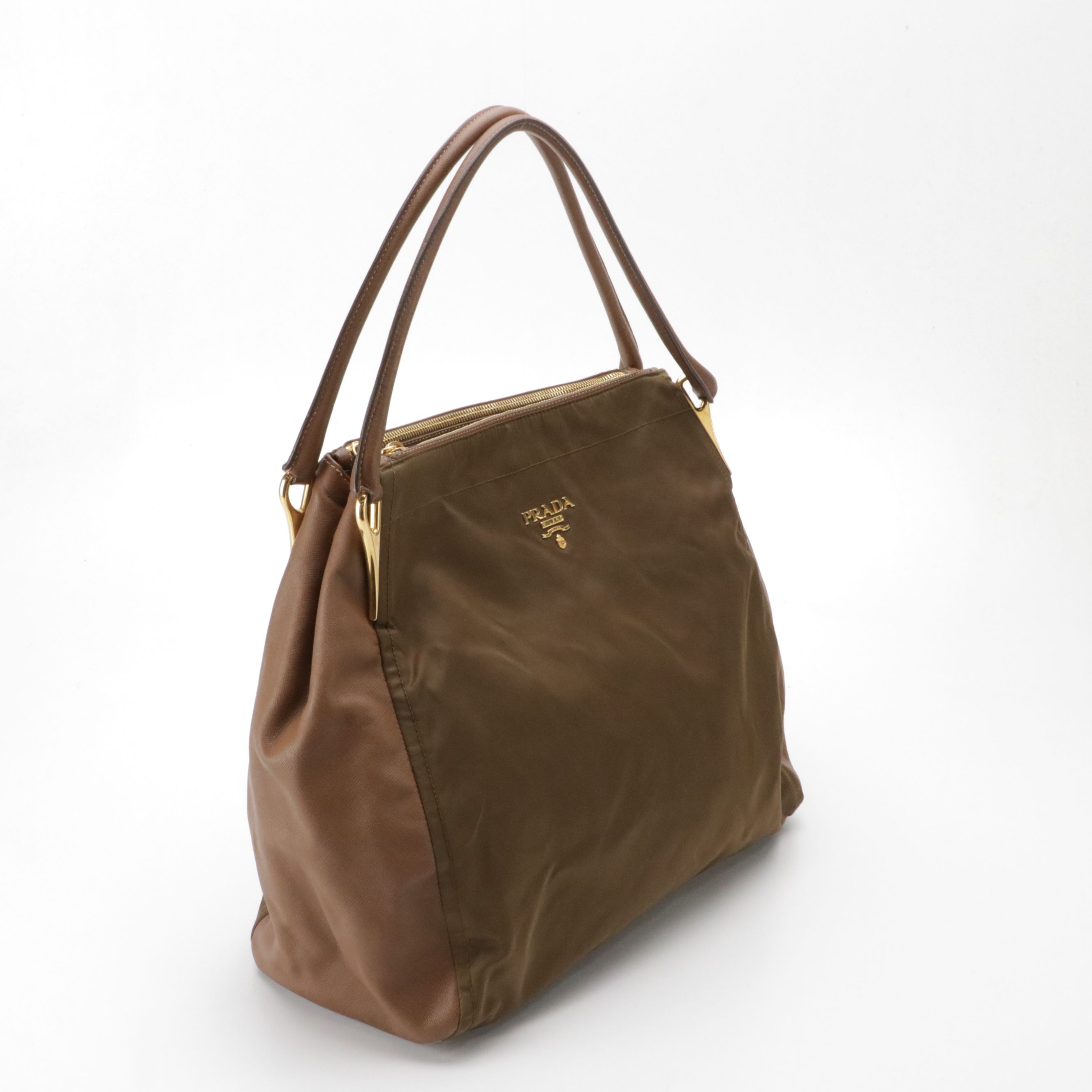 Prada Hobo Shoulder Bag in Mocha Tessuto Nylon and Saffiano Leather