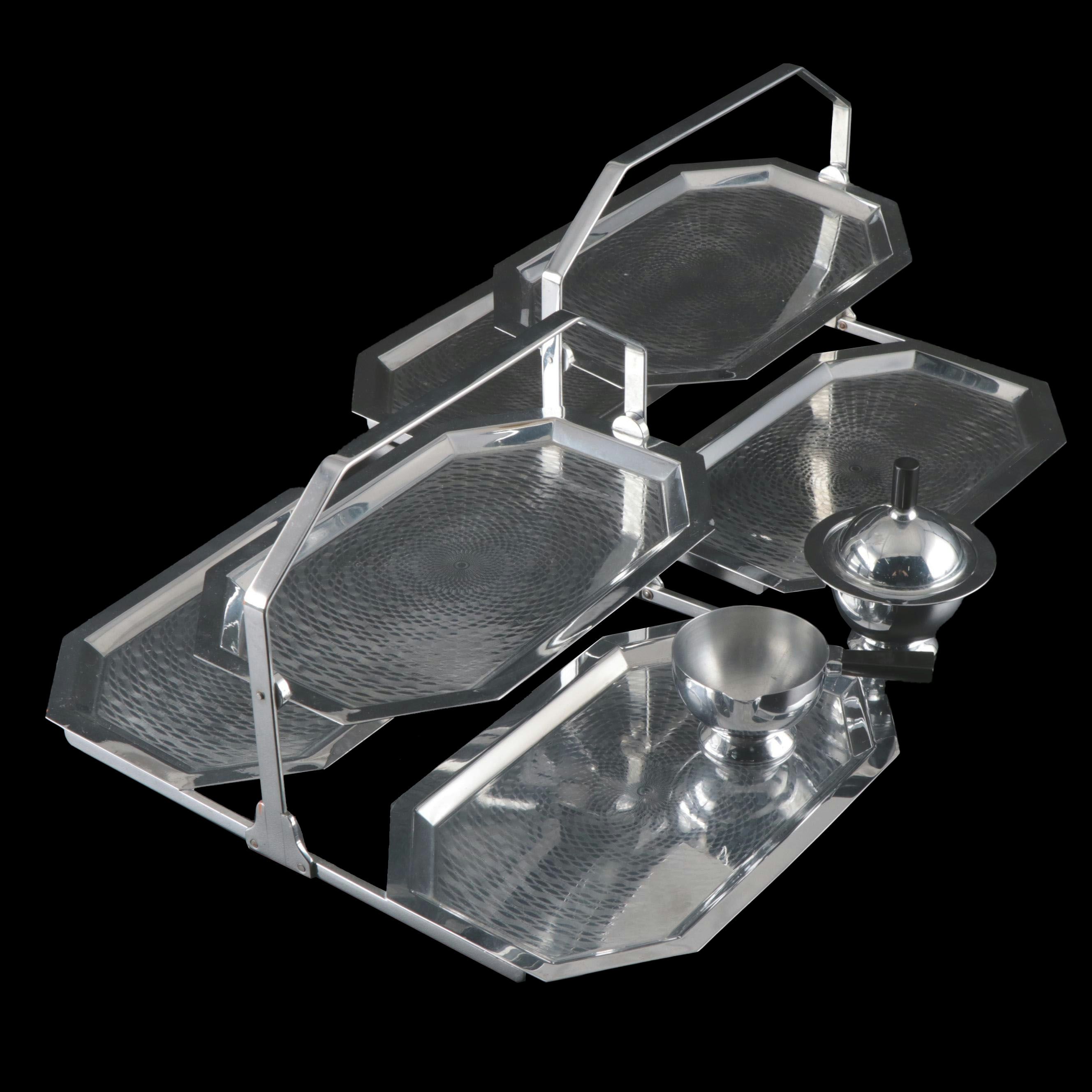 Chase Art Deco Chrome Plate Stainless Steel Tiered Trays with Creamer and Sugar