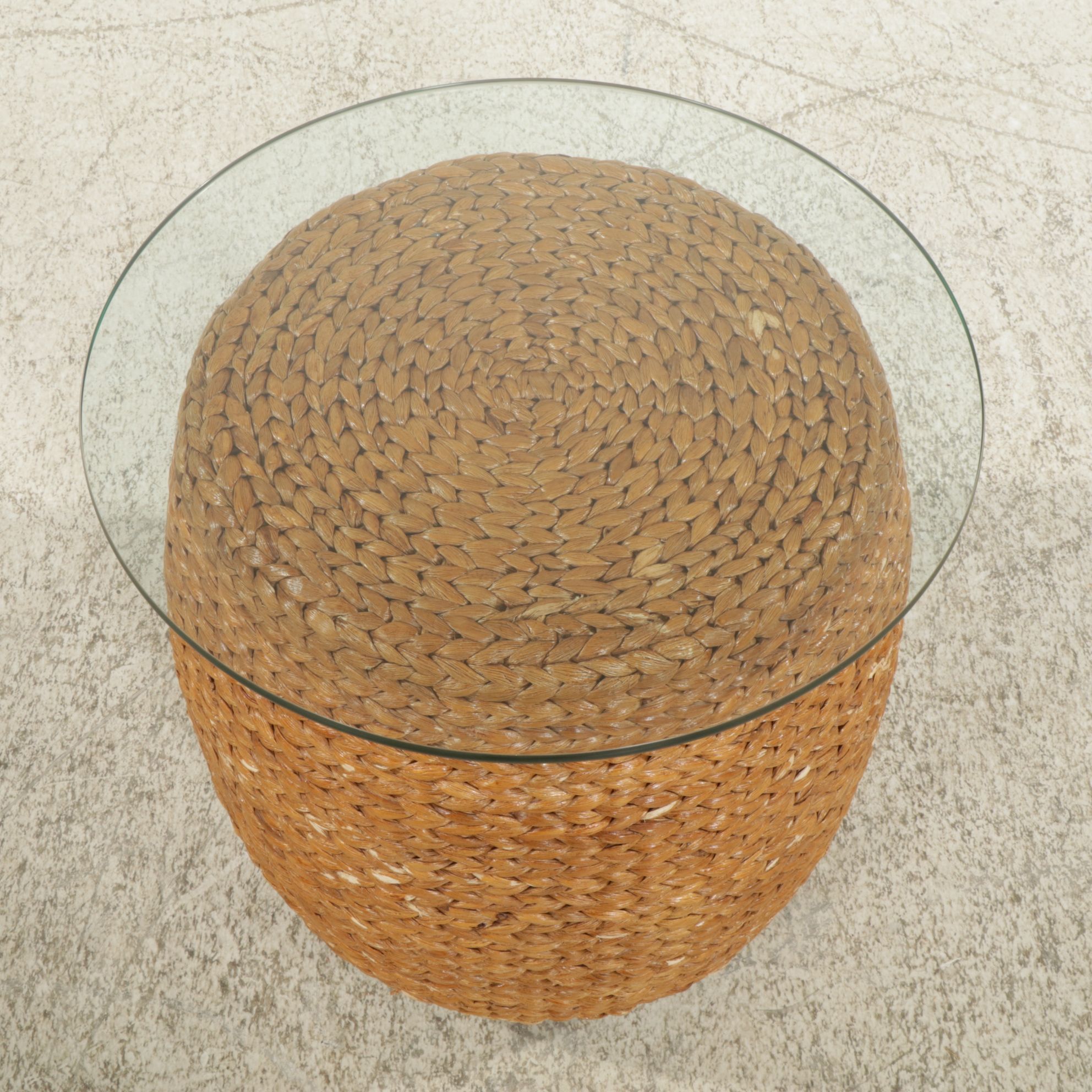 Rattan and Woven Grass Side Table with Glass Top