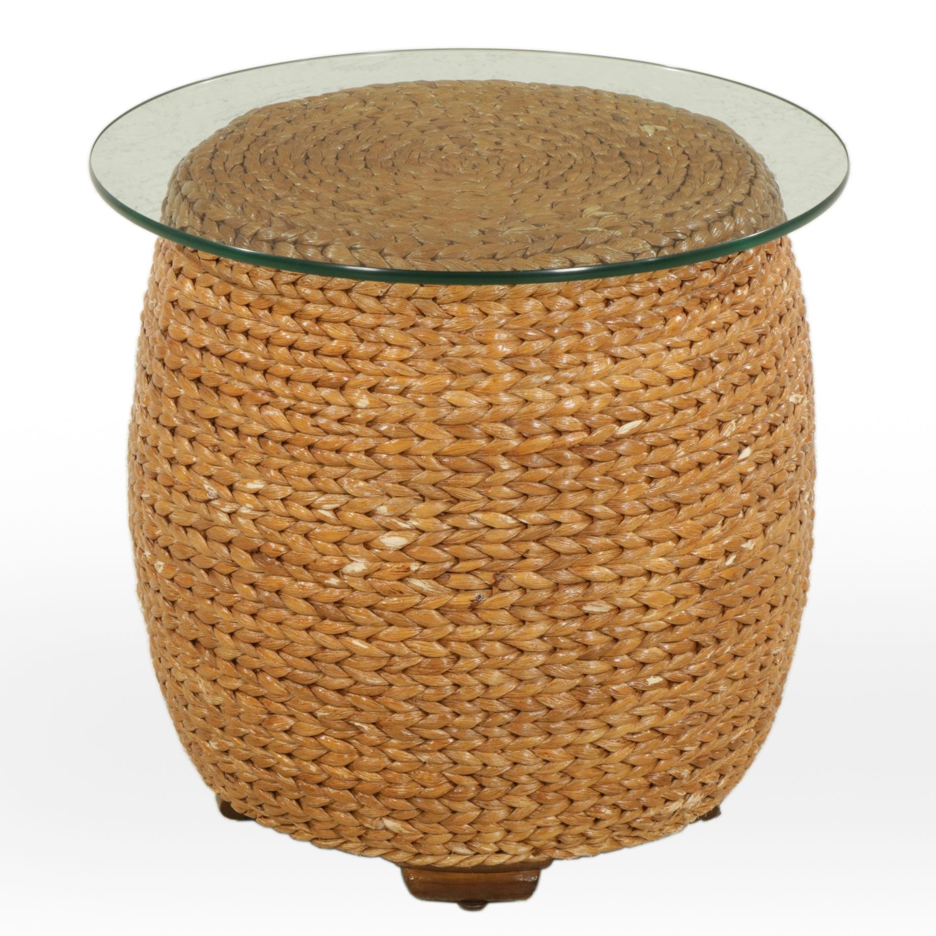 Rattan and Woven Grass Side Table with Glass Top