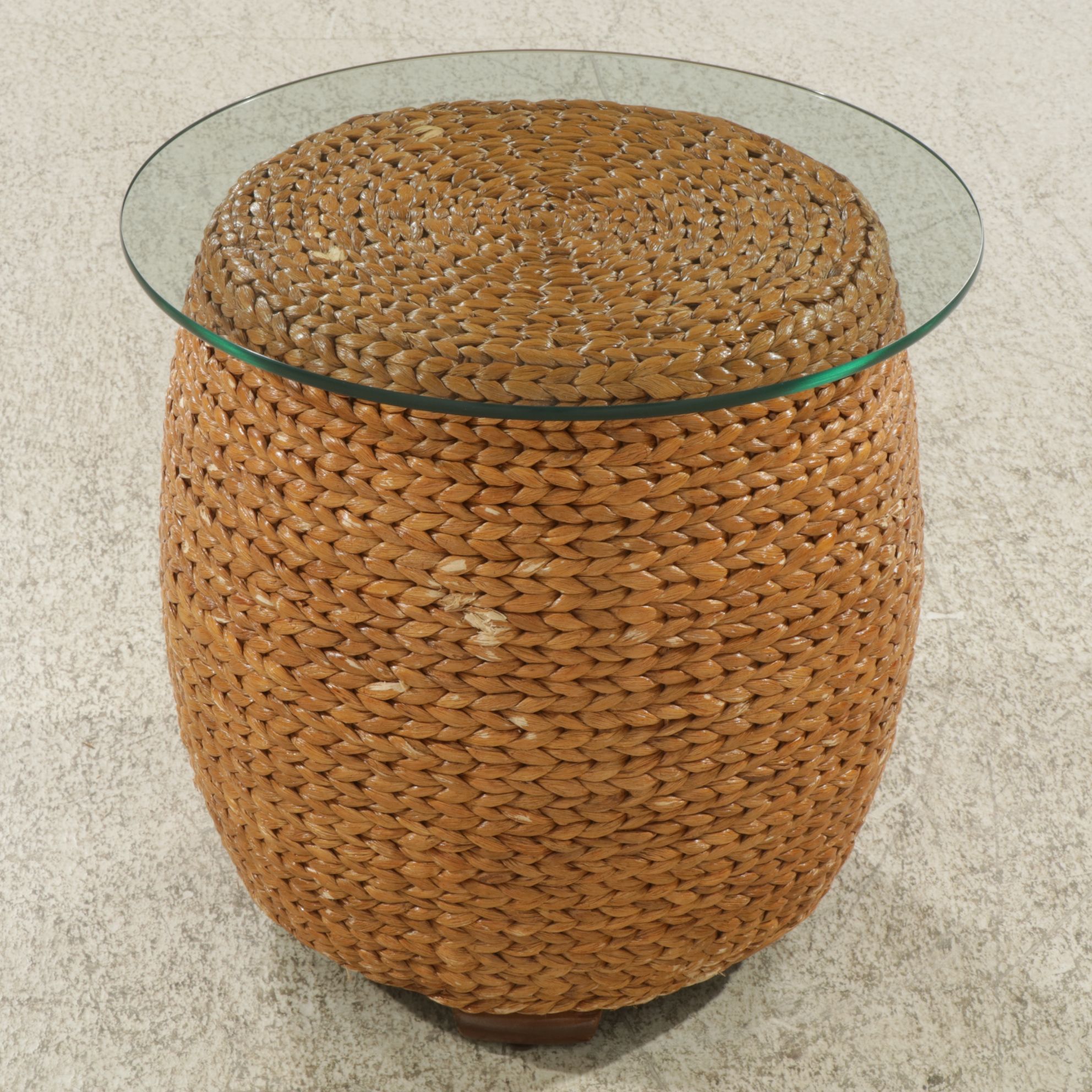 Rattan and Woven Grass Side Table with Glass Top