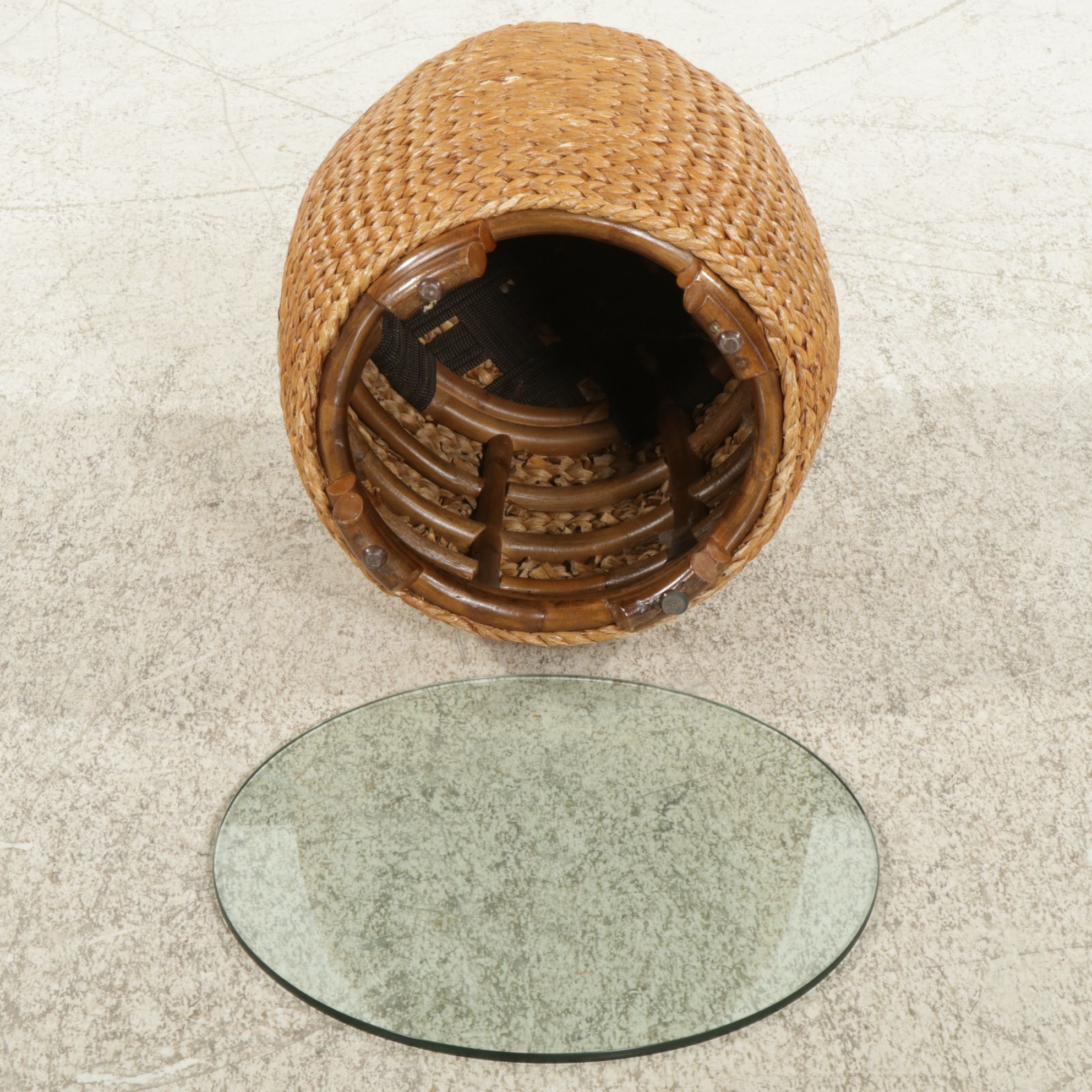 Rattan and Woven Grass Side Table with Glass Top
