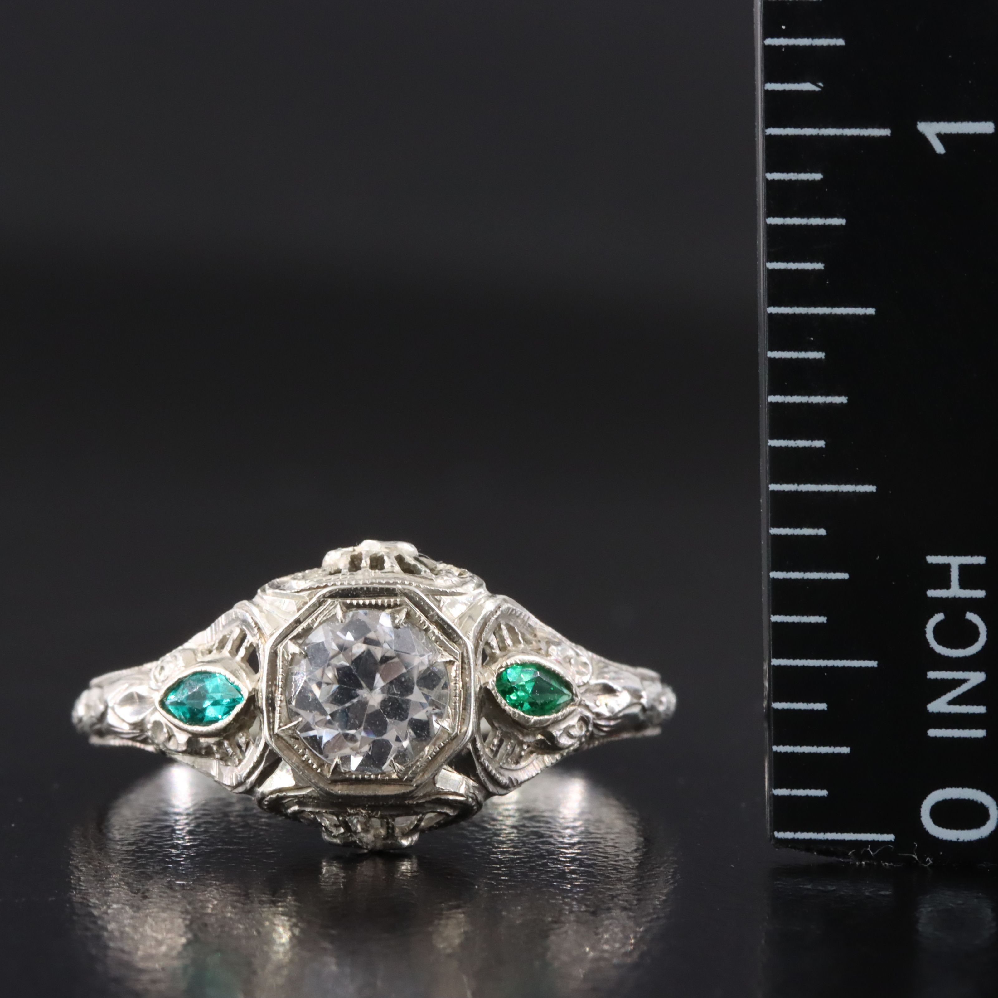 Art Deco 18K White Sapphire and Green Glass Filigree Ring