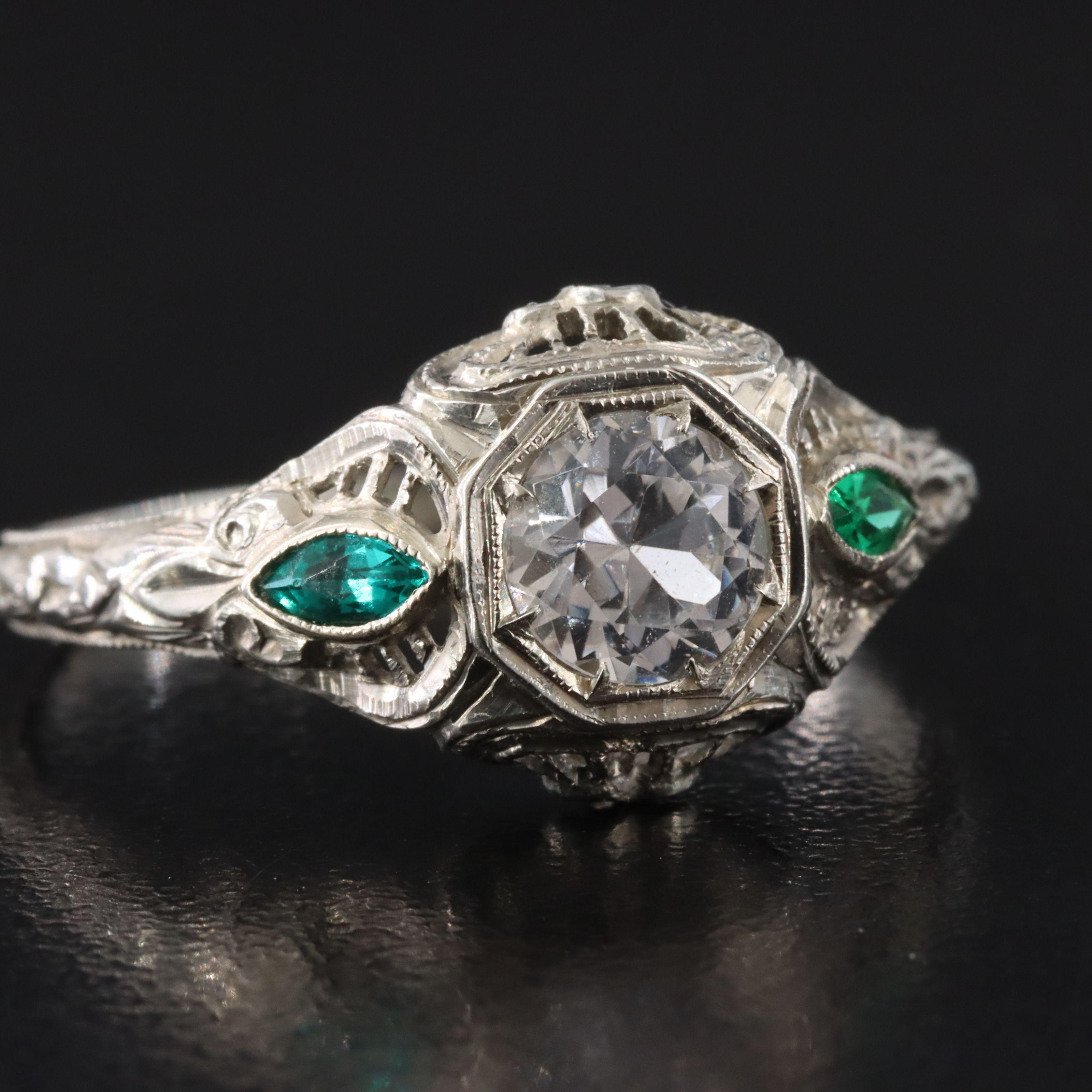 Art Deco 18K White Sapphire and Green Glass Filigree Ring