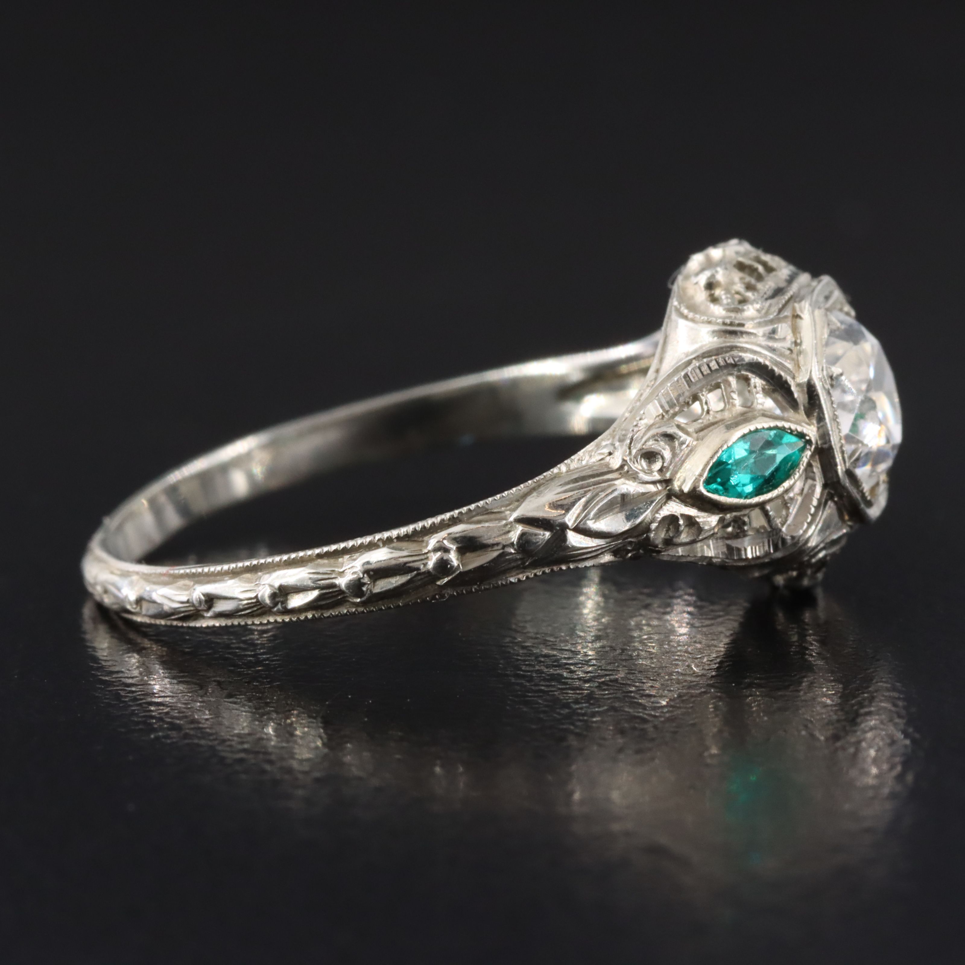 Art Deco 18K White Sapphire and Green Glass Filigree Ring