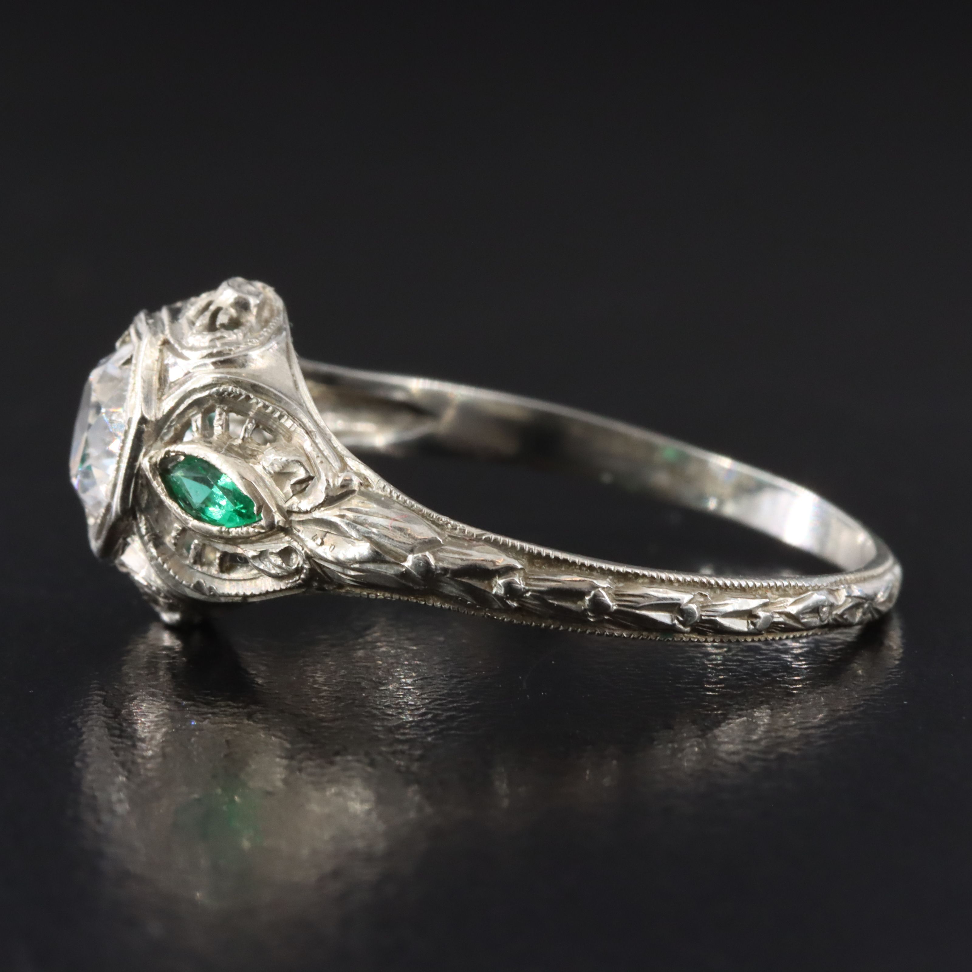 Art Deco 18K White Sapphire and Green Glass Filigree Ring