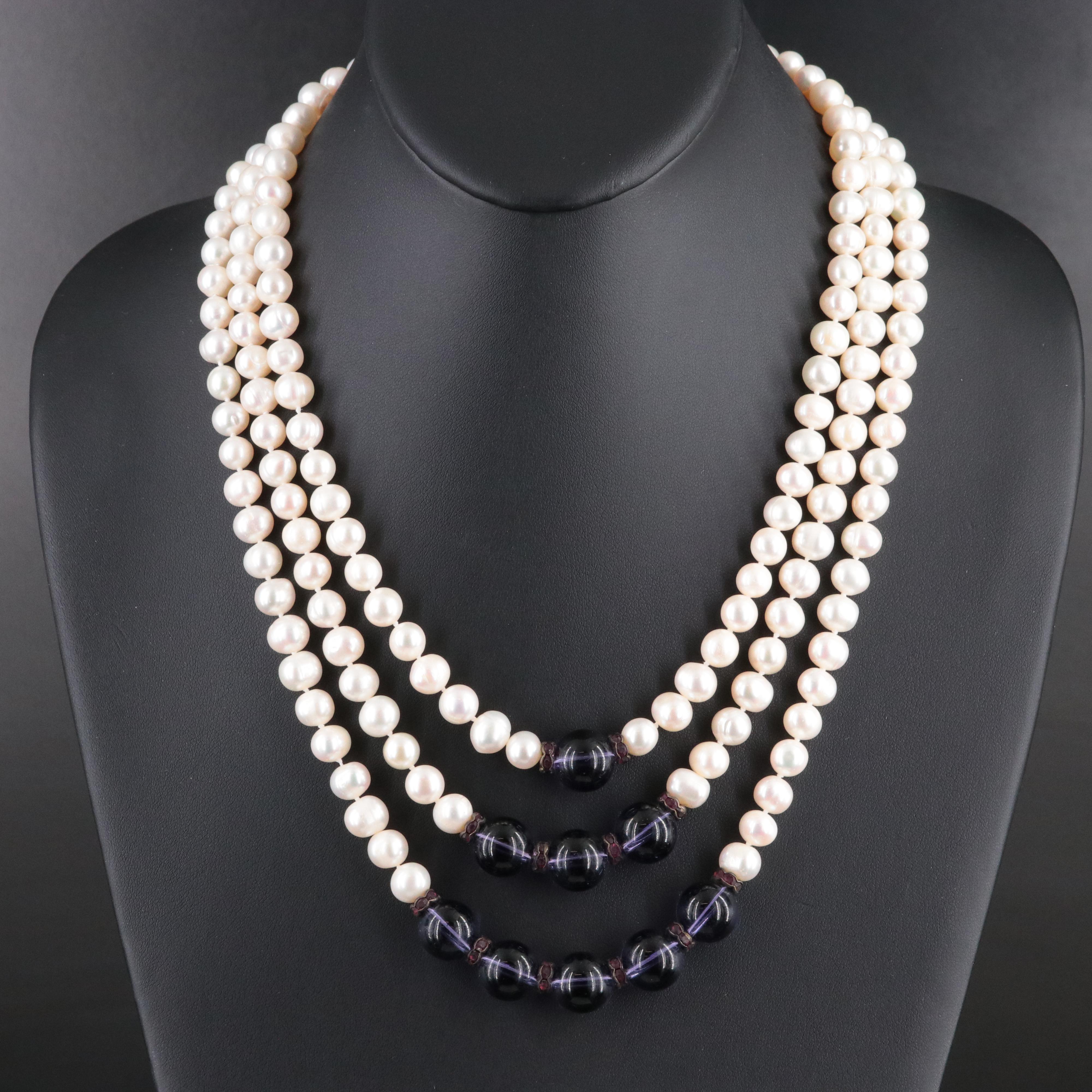 Pearl and Glass Tiered Necklace with Mother-of-Pearl Flower Clasp