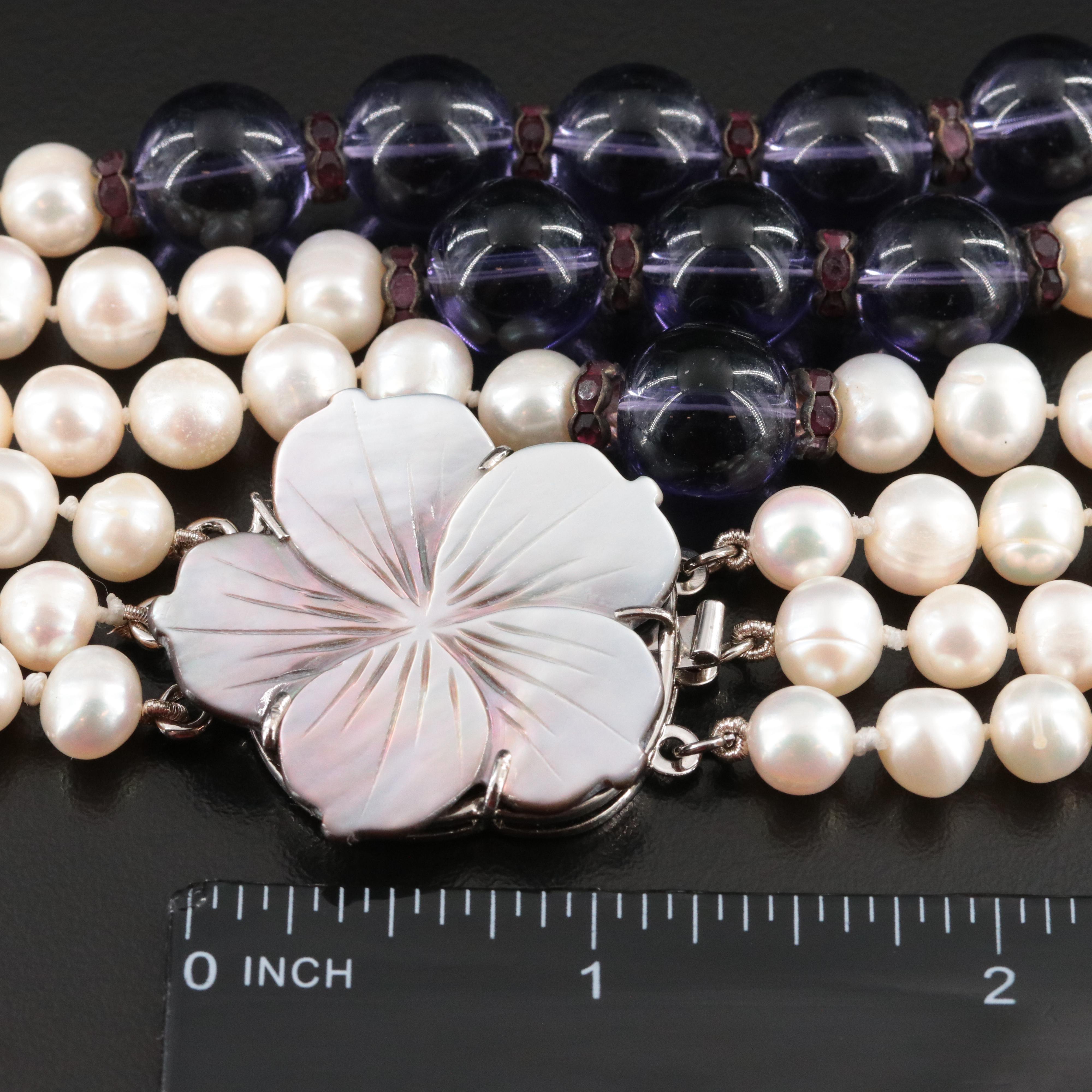 Pearl and Glass Tiered Necklace with Mother-of-Pearl Flower Clasp