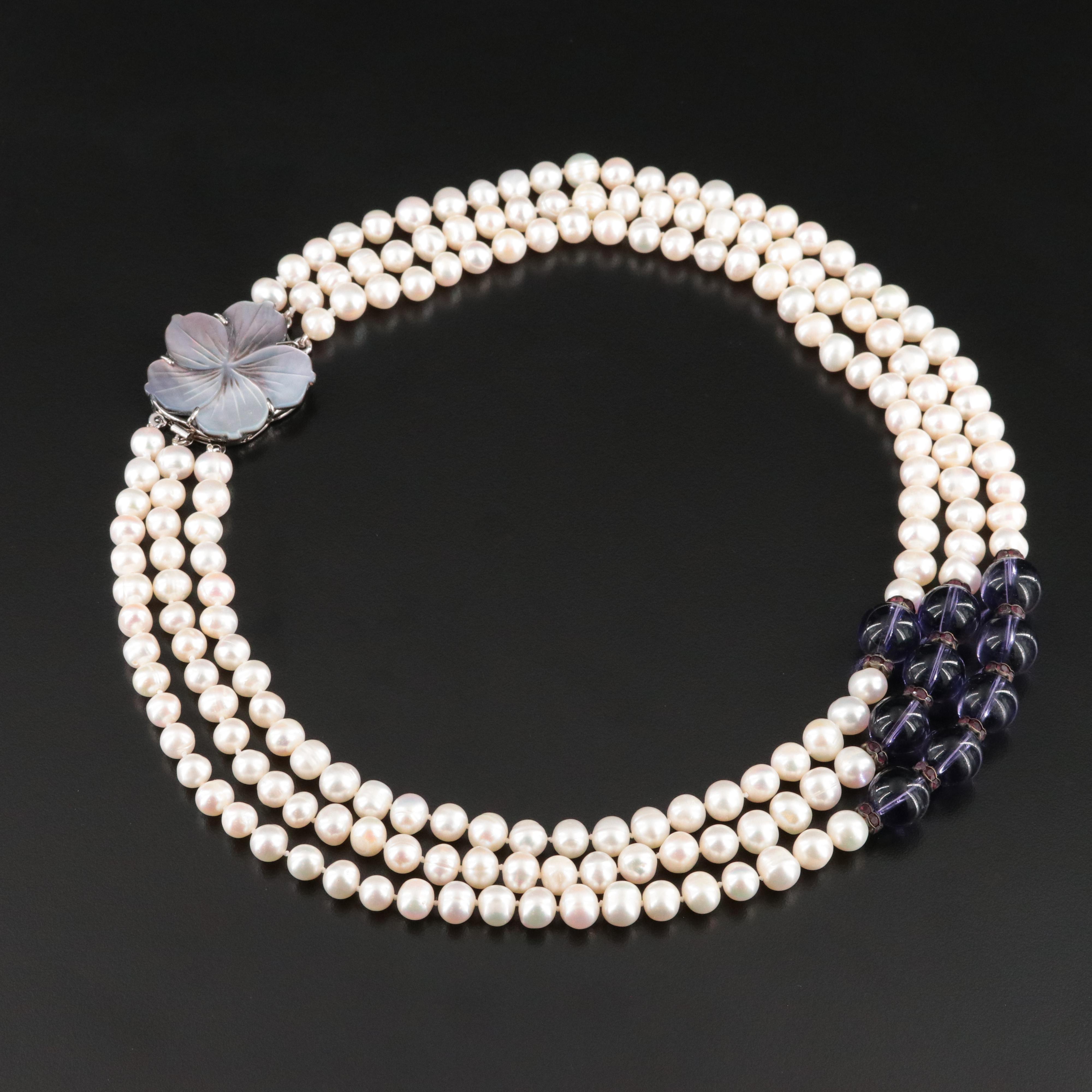 Pearl and Glass Tiered Necklace with Mother-of-Pearl Flower Clasp