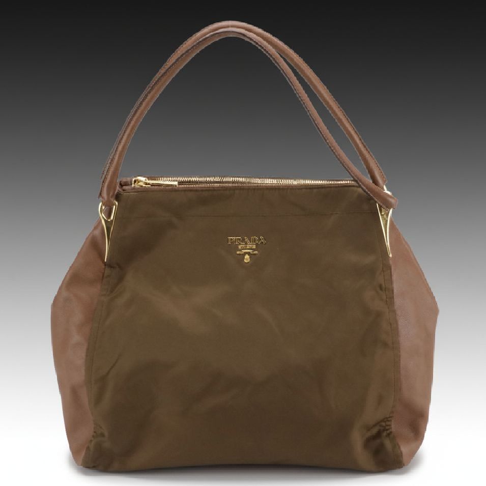 Prada Hobo Shoulder Bag in Mocha Tessuto Nylon and Saffiano Leather